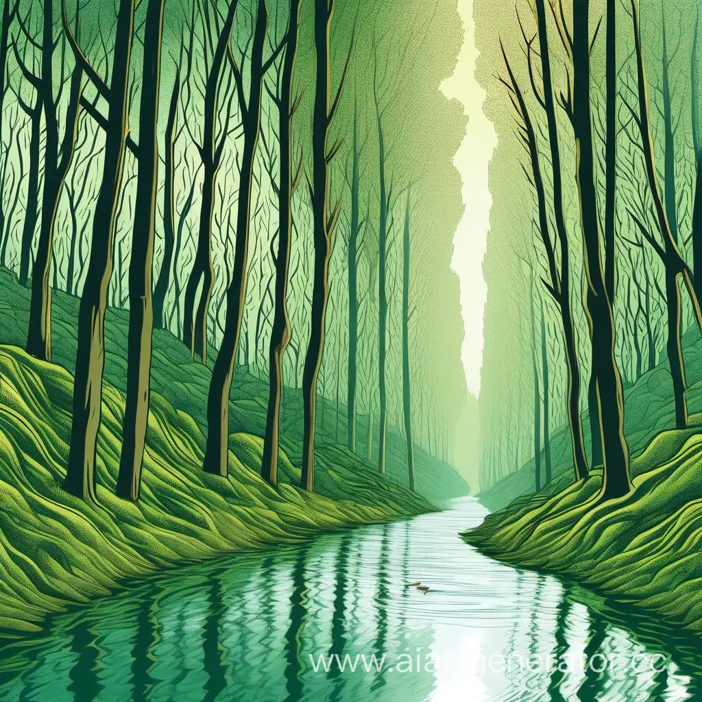 Down the river flows, Dense forests sing — Nature breathes.
Illustration: This picture depicts a picturesque forest with tall, dense trees converging toward the water. The reflection of the forest is seen in the river, while birdsong fills the air. Altogether, it creates a sense of vibrant, living nature.





