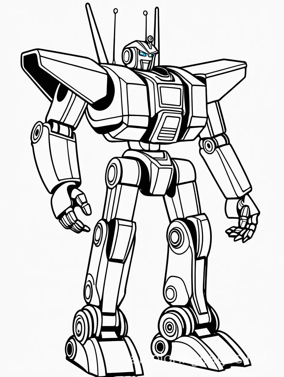 large transforming robot, Coloring Page, black and white, line art, white background, Simplicity, Ample White Space. The background of the coloring page is plain white to make it easy for young children to color within the lines. The outlines of all the subjects are easy to distinguish, making it simple for kids to color without too much difficulty