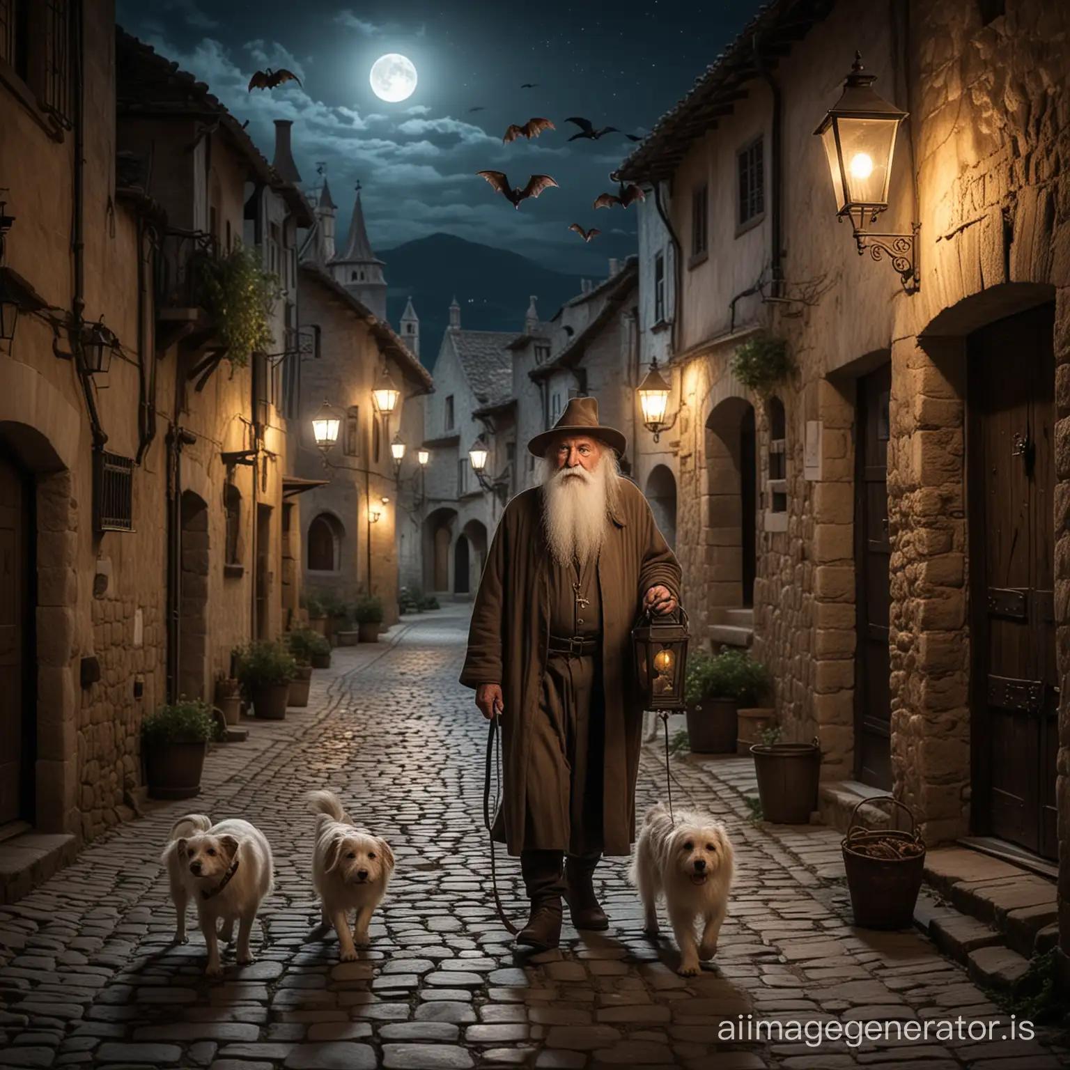 an old man with a long white beard, wearing a hat, walking in a street of a medieval village at night, holding an old lamp; 2 bats flying above his head and a dog running beside him.