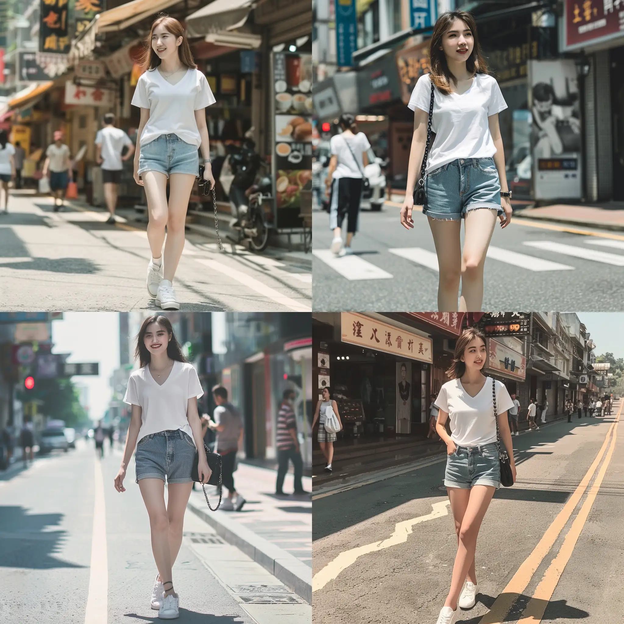 Elegant-Summer-Stroll-Girl-in-Fitted-White-Tshirt-and-Denim-Shorts