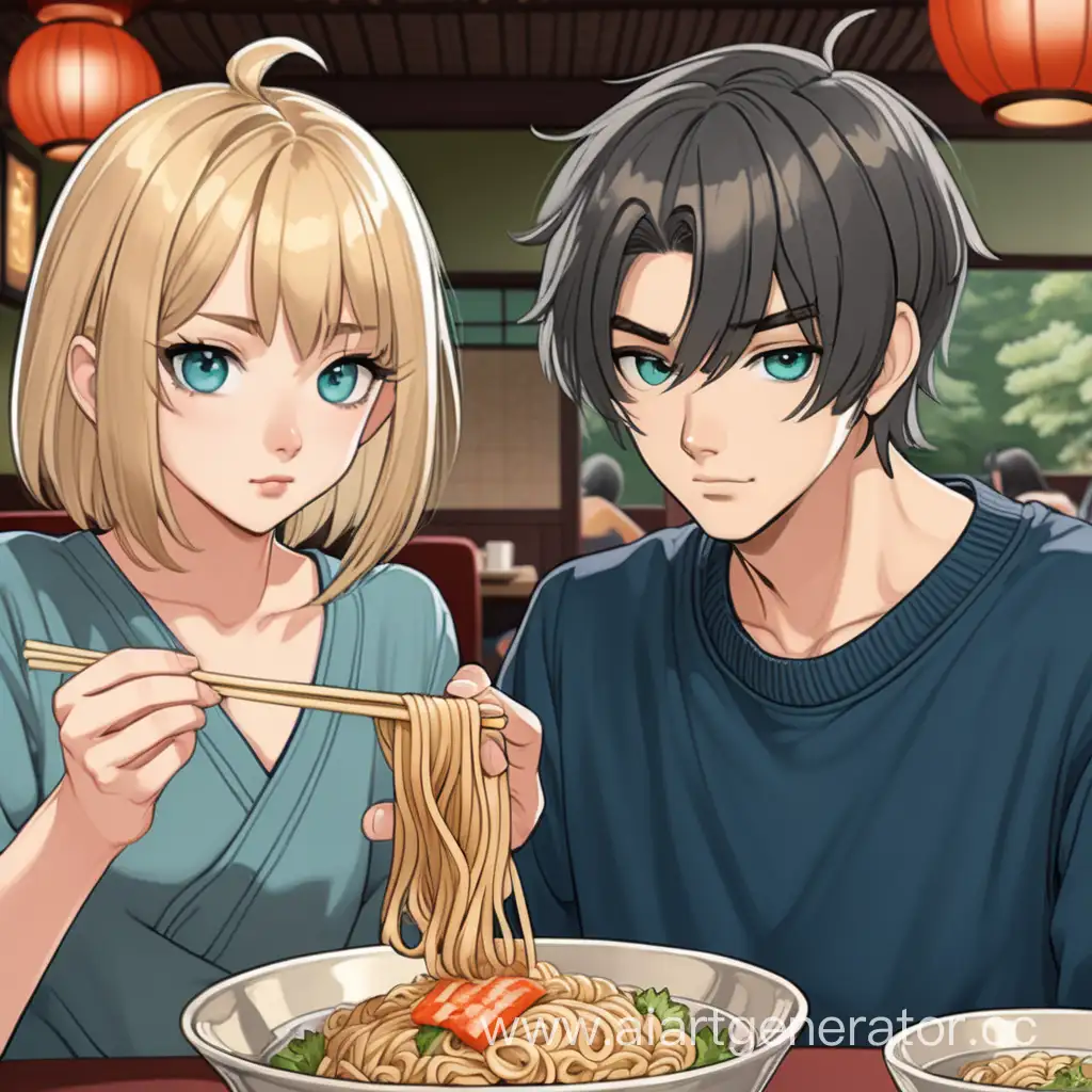 Young-Woman-and-Man-Enjoying-Noodles-in-Traditional-Japanese-Restaurant