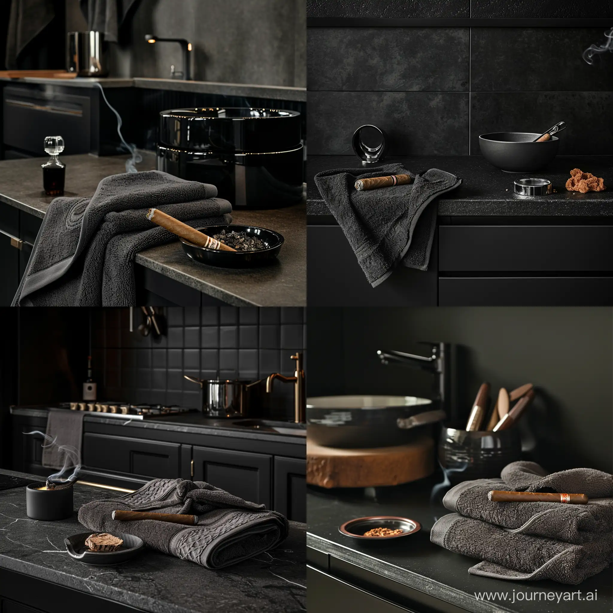 стильный дизайн в темных цветах однотонных в стильной темной кухне кухонных полотенец с добавлением одной сигары со стильной пепельницей 