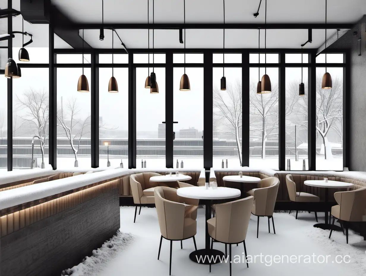 минималистичная кофейня, минималистичный дизайн, светлые тона в интерьере, кофейня и кафе, за окном зима, панорамный вид на заснеженный город, барная стойка, столики со стульями