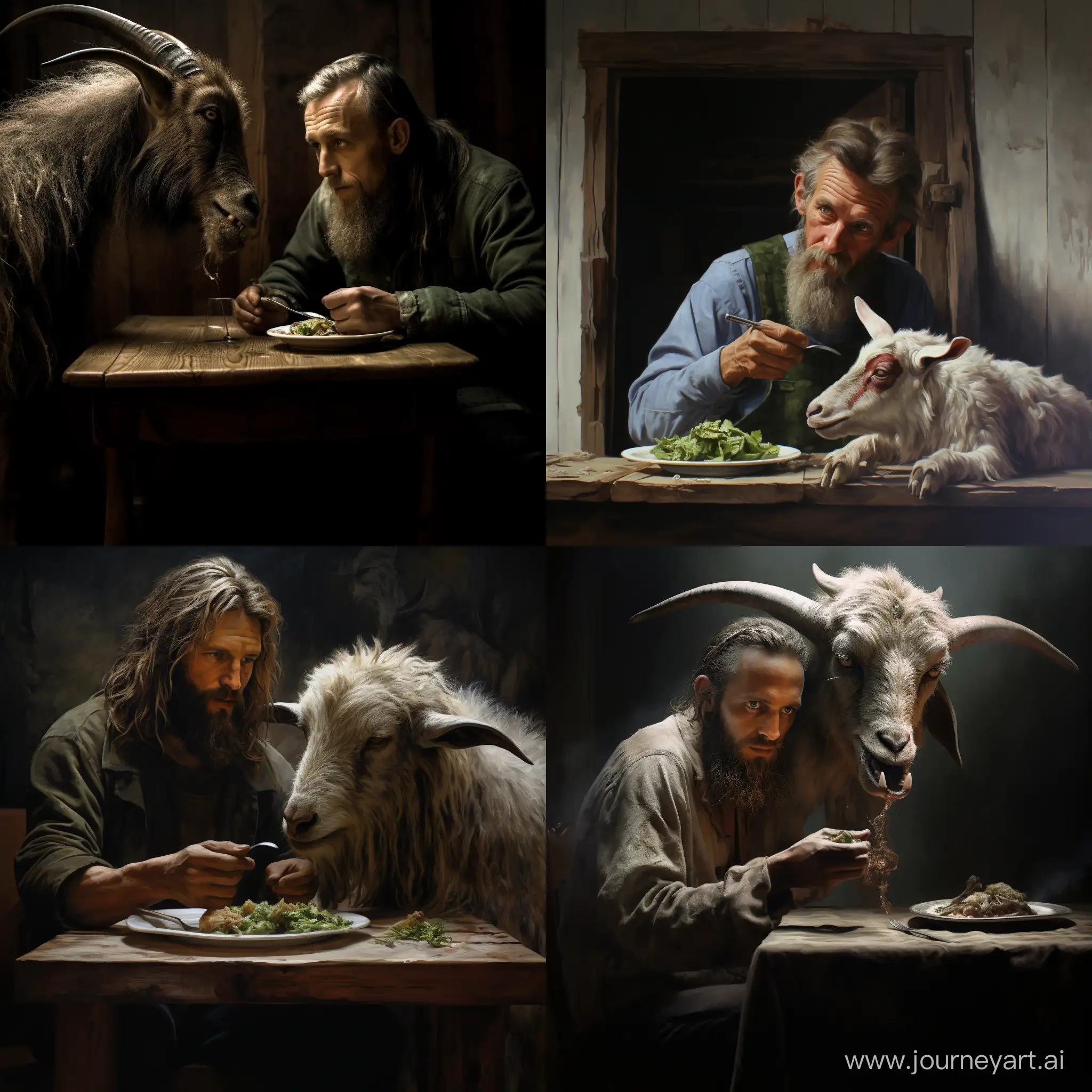 A man eating with goat
