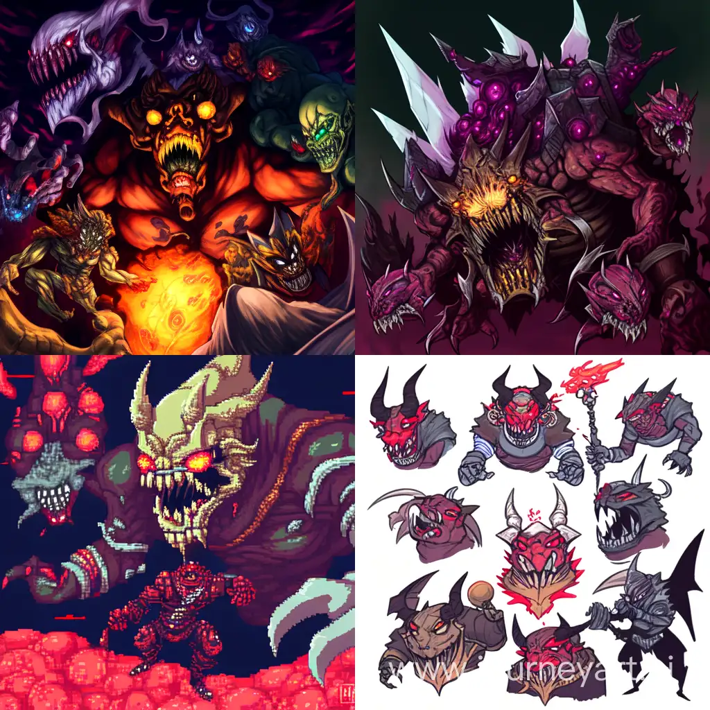 Нарисуй несколько различных демонов для пк игры в стиле Doom, в реалистичном образе
