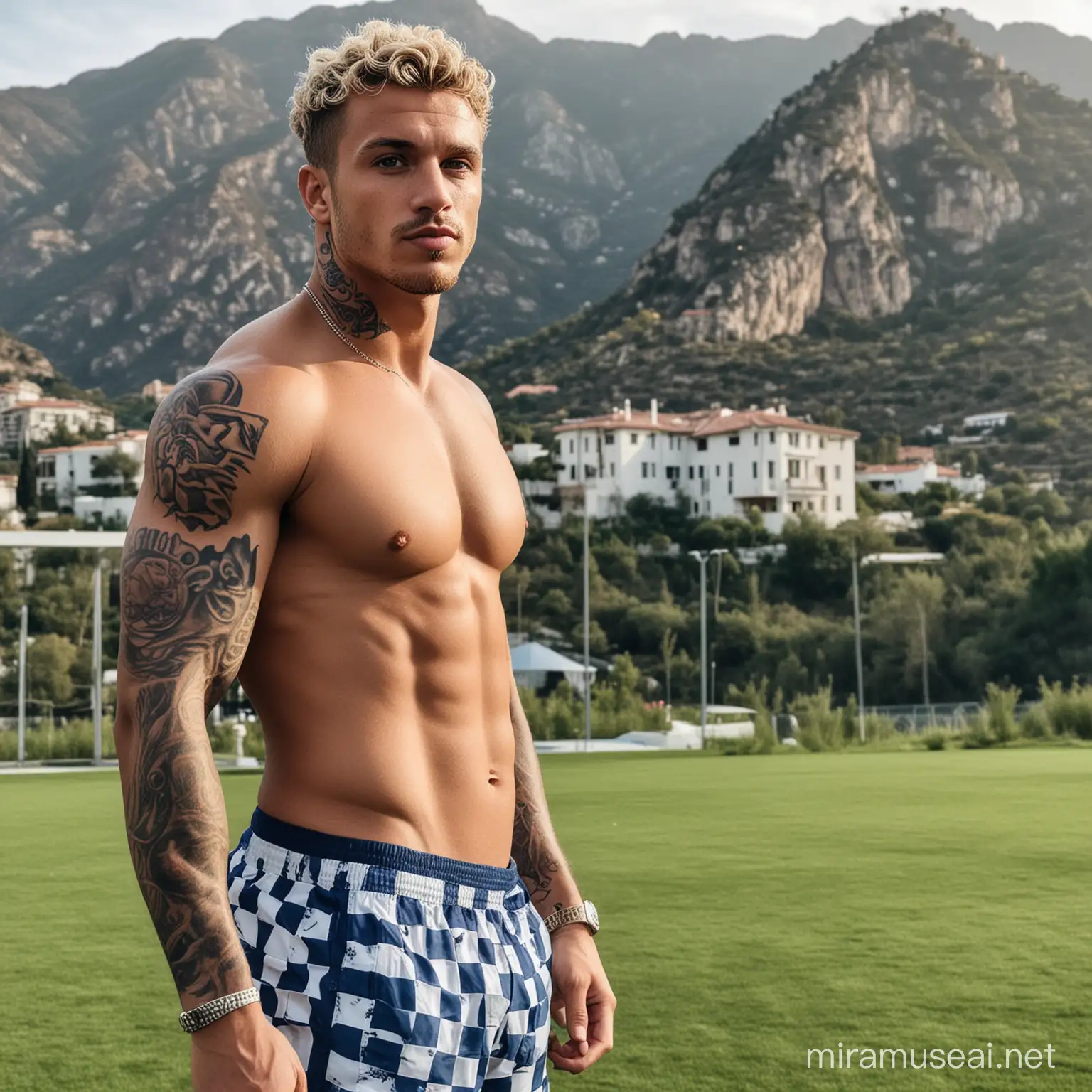generate a picture of a muscular man who is a football player, has a checkered stomach and a big penis, has light brown short curly hair and blue color, he has tattoos on his arms. This man has a beautiful wife who is pregnant, the woman is blonde and pink, her hair is blue, they are very rich, the woman is the daughter of a king 👑, and the man is a talented soccer player. in the background there should be a 7-story high luxury villa on the side of the mountain.  