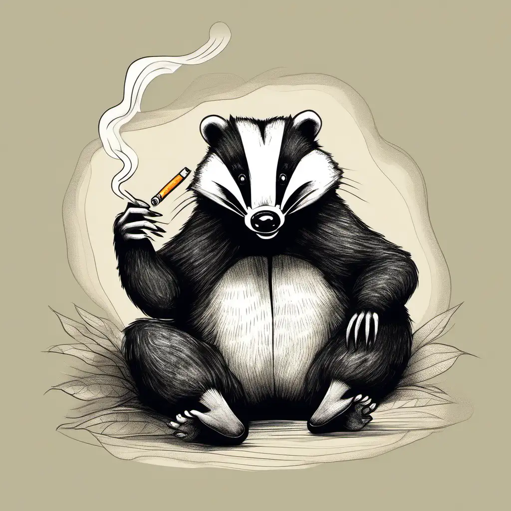 hand drawn badger laying on his back smoking a cigarette laughing
