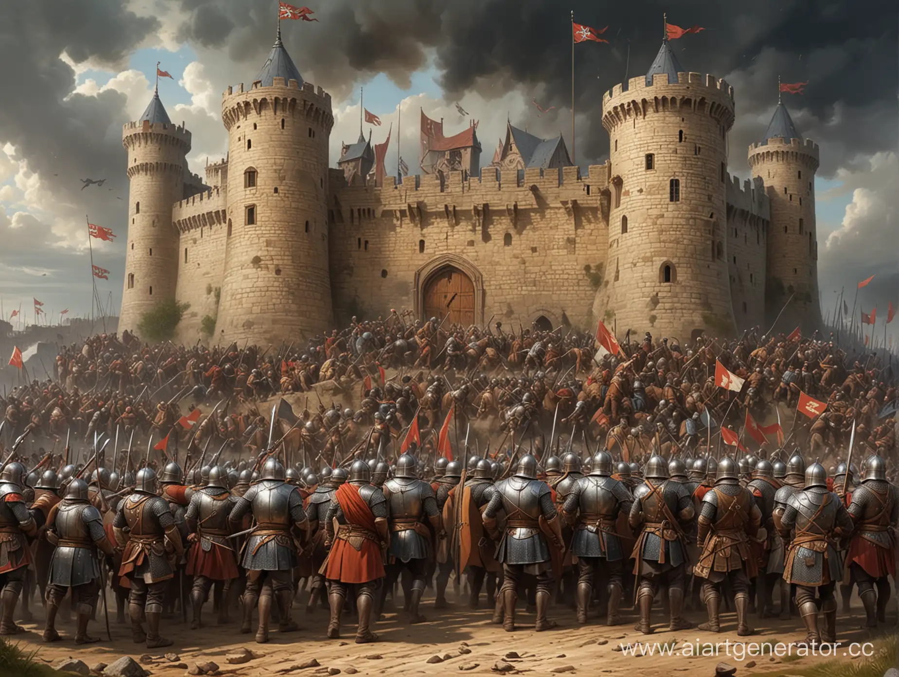изобрази бой за крепость в стиле средневековья где фигурирует полководец с большим животом и все его бойцы также с большим животом