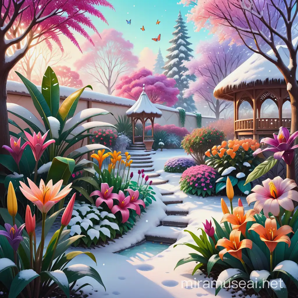 A magical garden with various flowers of exotic colors. It is exposed to the outside air and everything is covered in snow, in pastel colors hand drawn