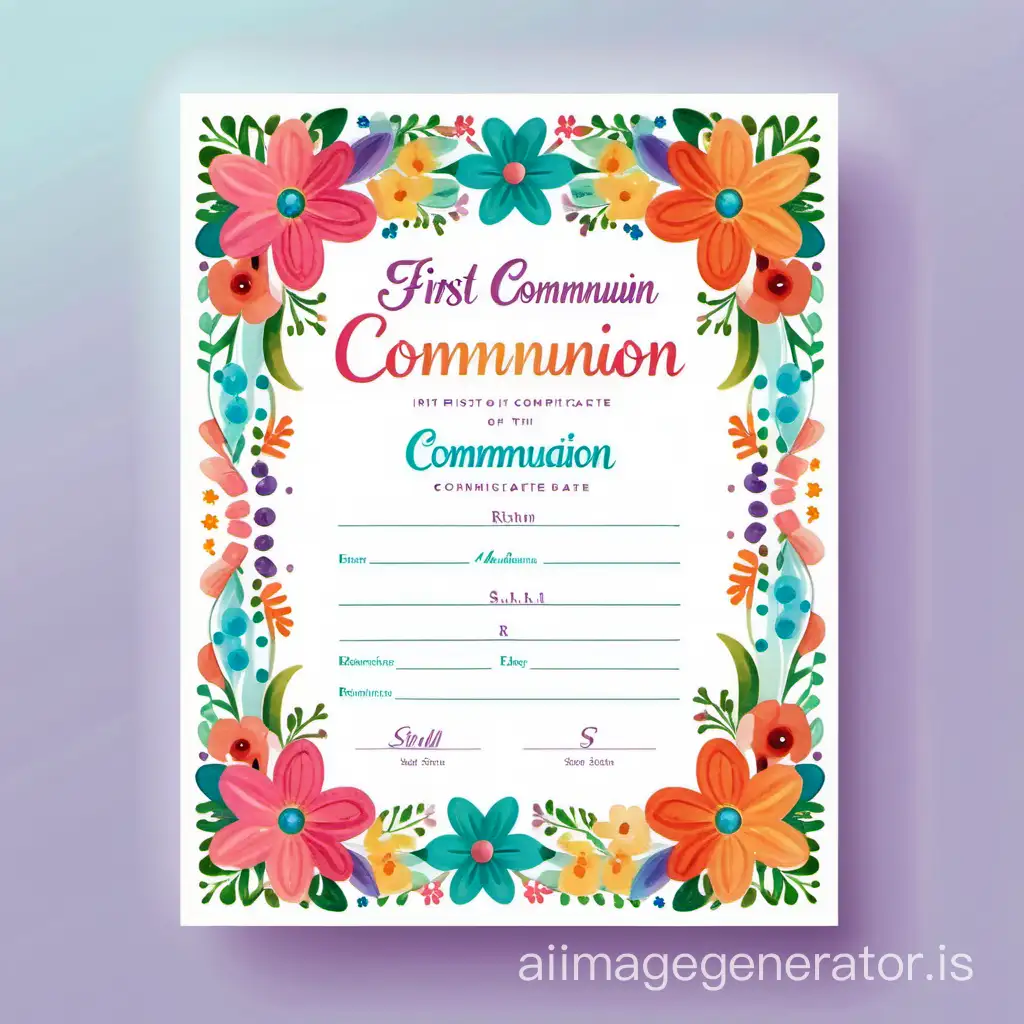 FIRST COMMUNION CERTIFICATE COLORFUL FLORAL BORDER