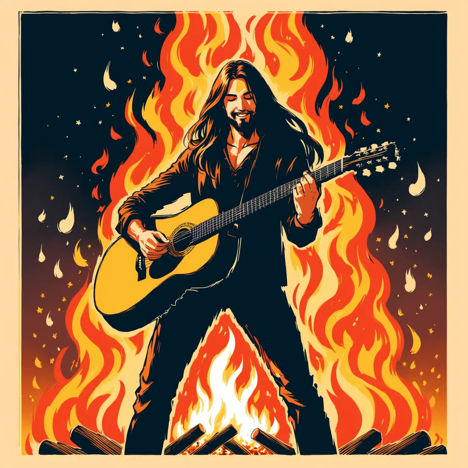 LongHaired Man Joyfully Playing Guitar by Bonfire Concert Poster Style