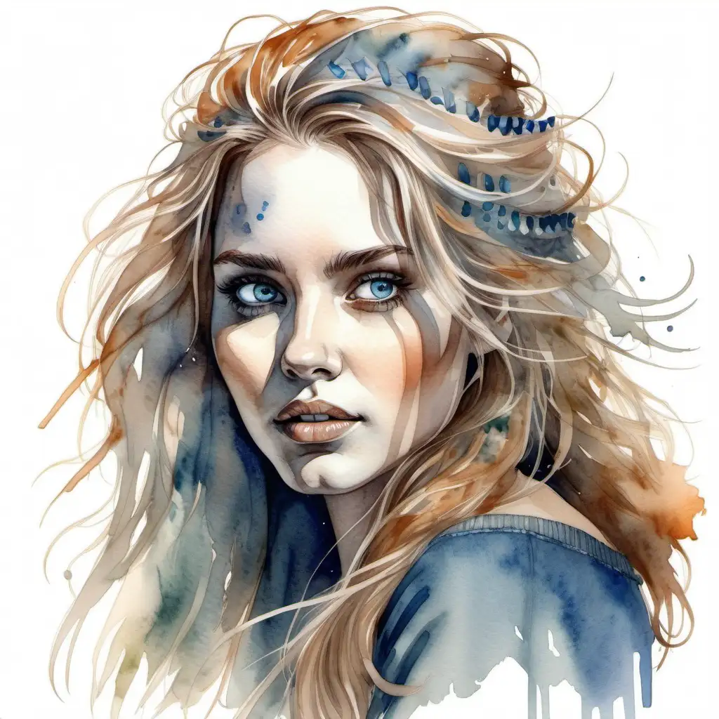 Beautiful Nordic Woman Watercolor Portrait with Detailed Eyes and Messy Hair