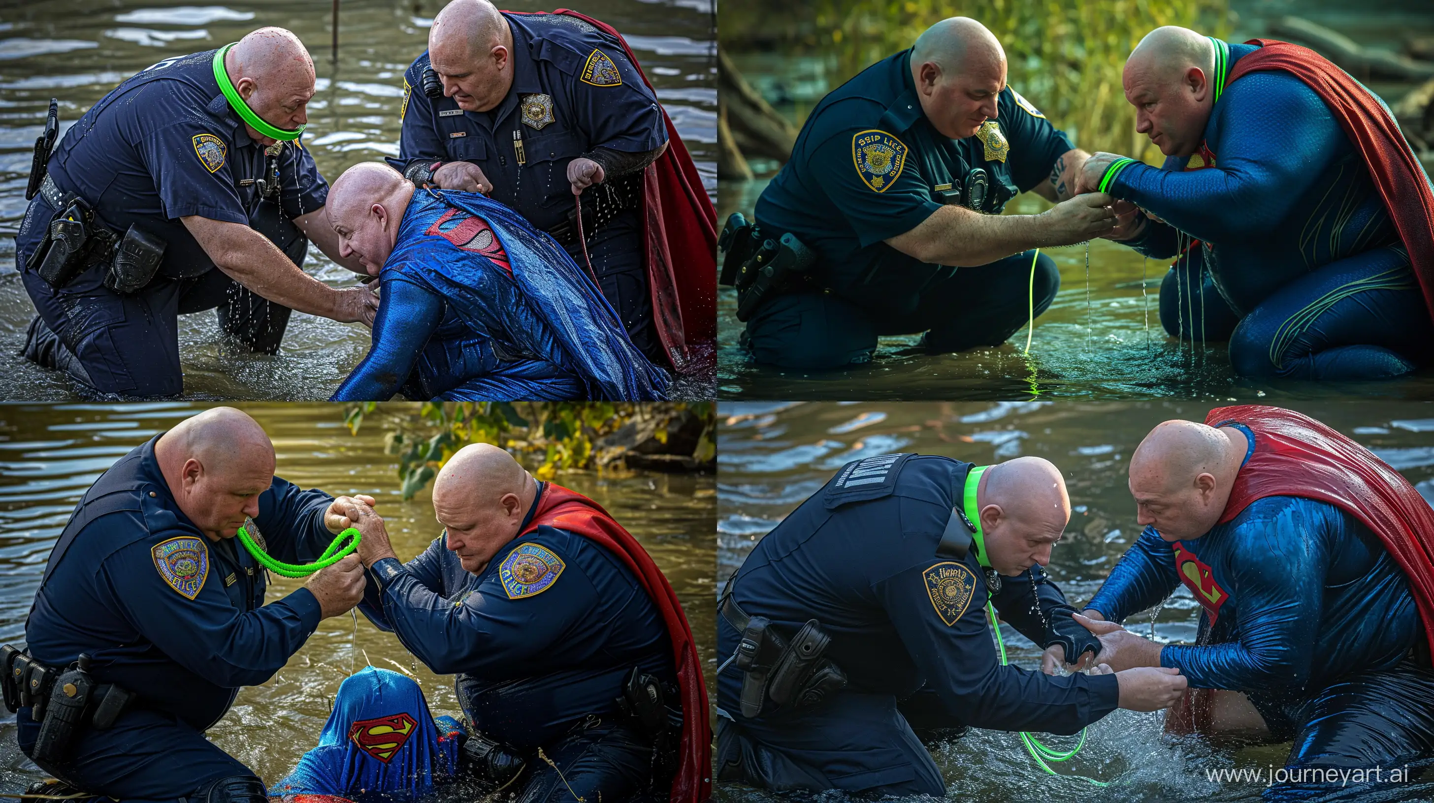 Closeup photo of two chubby man aged 60 wearing wet navy police uniforms, kneeling and tightening a wide green neon short dog collar around the head of another chubby man aged 60 sitting in water and wearing a tight blue silky soft superman costume with a large red cape. River. Bald. Clean Shaven. --style raw --ar 16:9 --v 6