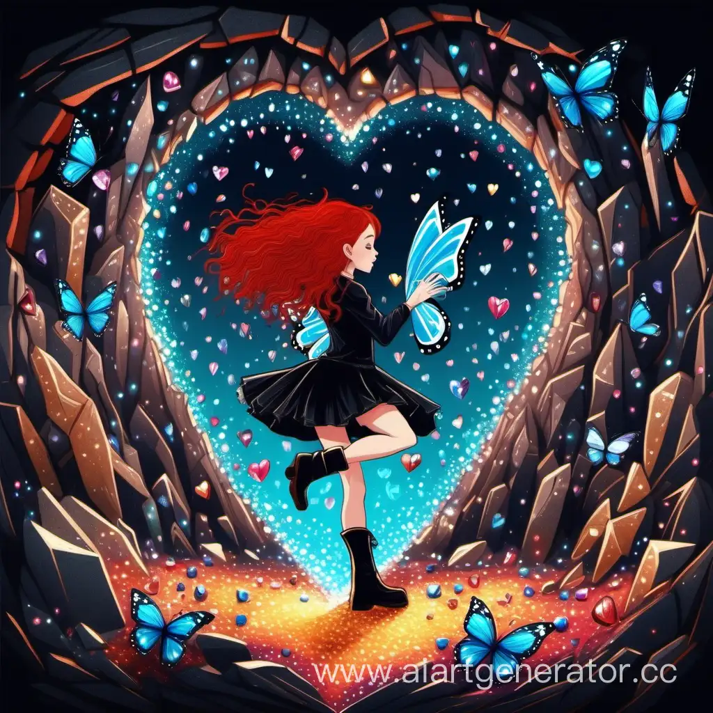 Девушка с красными волосами создает механическое сердце. Девушка в черных одеждах, в берцах. Пока создает сердце - танцует. Находится в пещере с разноцветными кристаллами. Вокруг нее летает синяя бабочкк