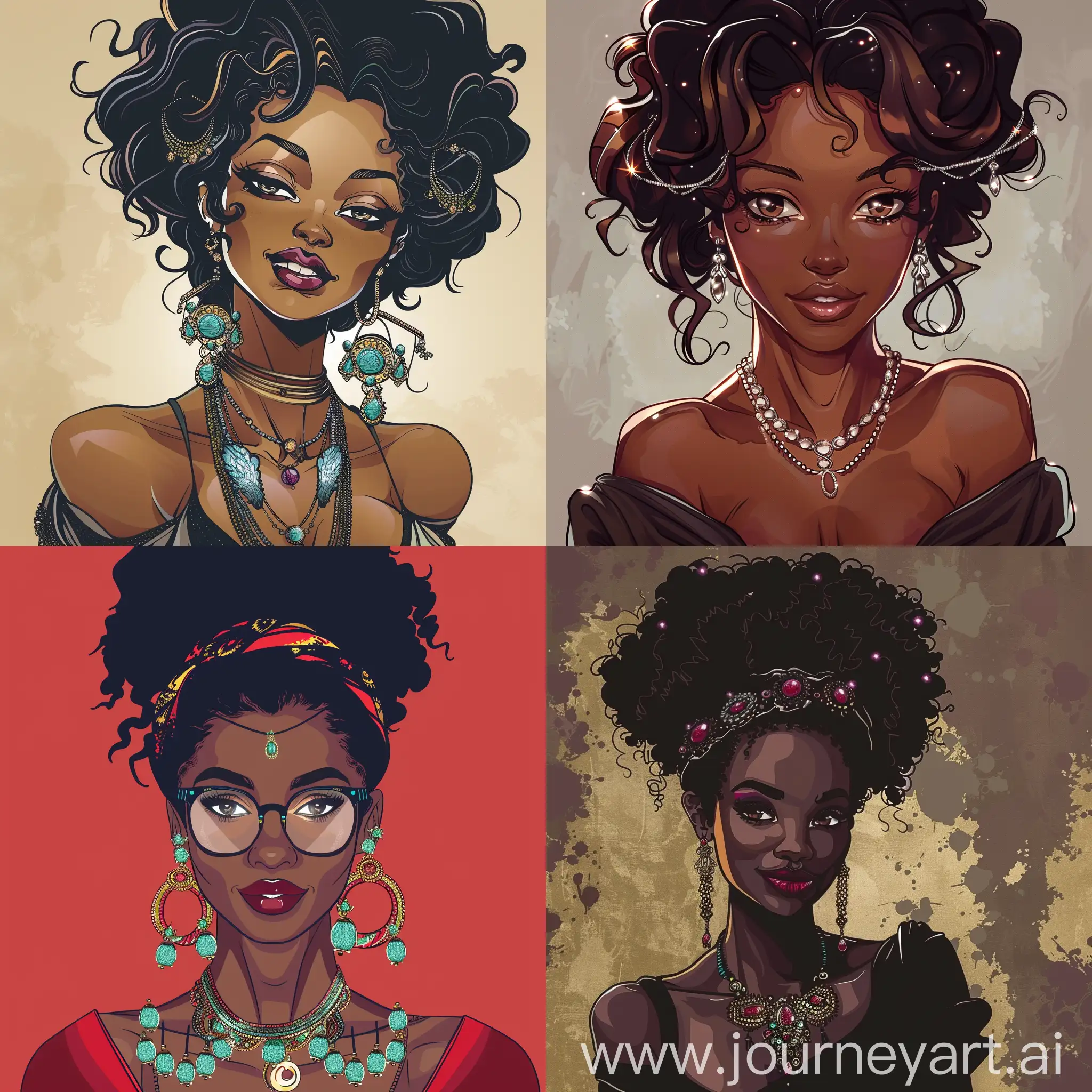 Femme Afro élégante surprise et amusante portant des bijoux. . Illustration digitale.