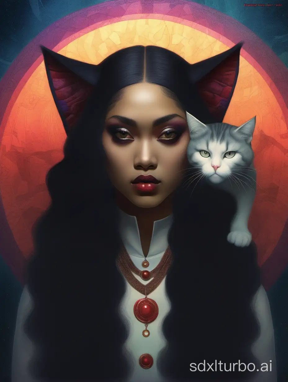 gajar lady,mixed-race woman with her sleepparalysis demoncat, long sleek hair, beautiful and judgmental, cat-treats paradise, artcollage, artsy, evocative, quirky, gradients, colorful-light, detailed face, detailed, art by Franz Stuck, art by Sungmoo Heo, art by Grace Aldrich, art by Tom Bagshaw, art by Aykut Aydogdu, Yuri Shwedoff,