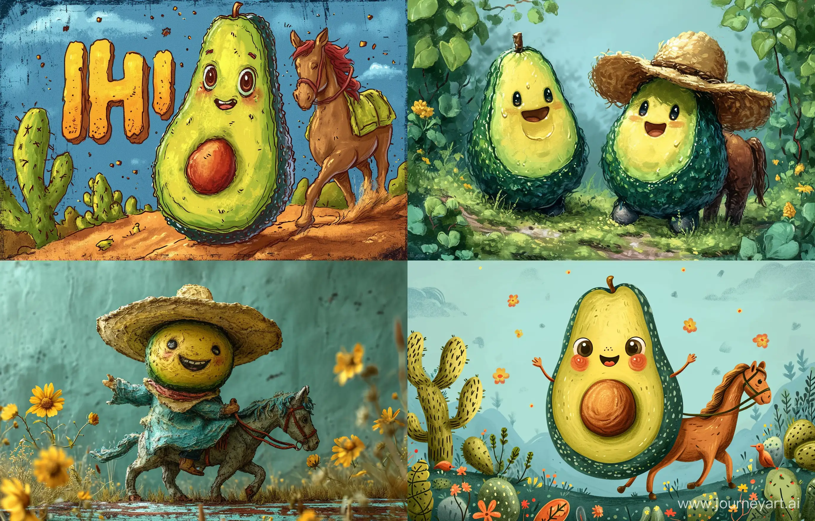 A cute drawing of an avocado saying hi while he rides a horse --v 6 --ar 14:9 --style raw --stylize 1000