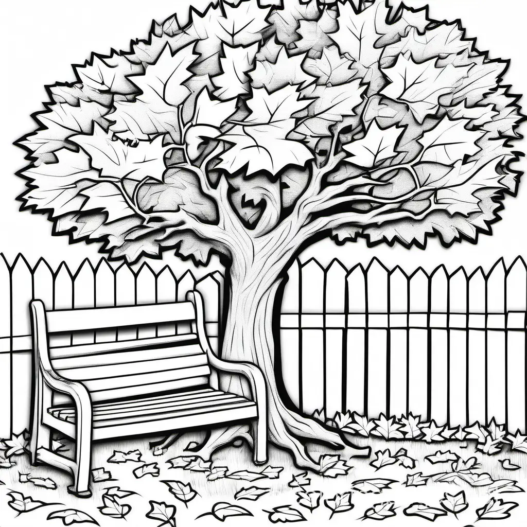 a spreading oak tree with tree swing and picket fence in the background leaves scattered on the ground 
make the leaves smaller 
, Coloring Page, black and white, line art, white background, Simplicity, Ample White Space. The background of the coloring page is plain white to make it easy for young children to color within the lines. The outlines of all the subjects are easy to distinguish, making it simple for kids to color without too much difficulty