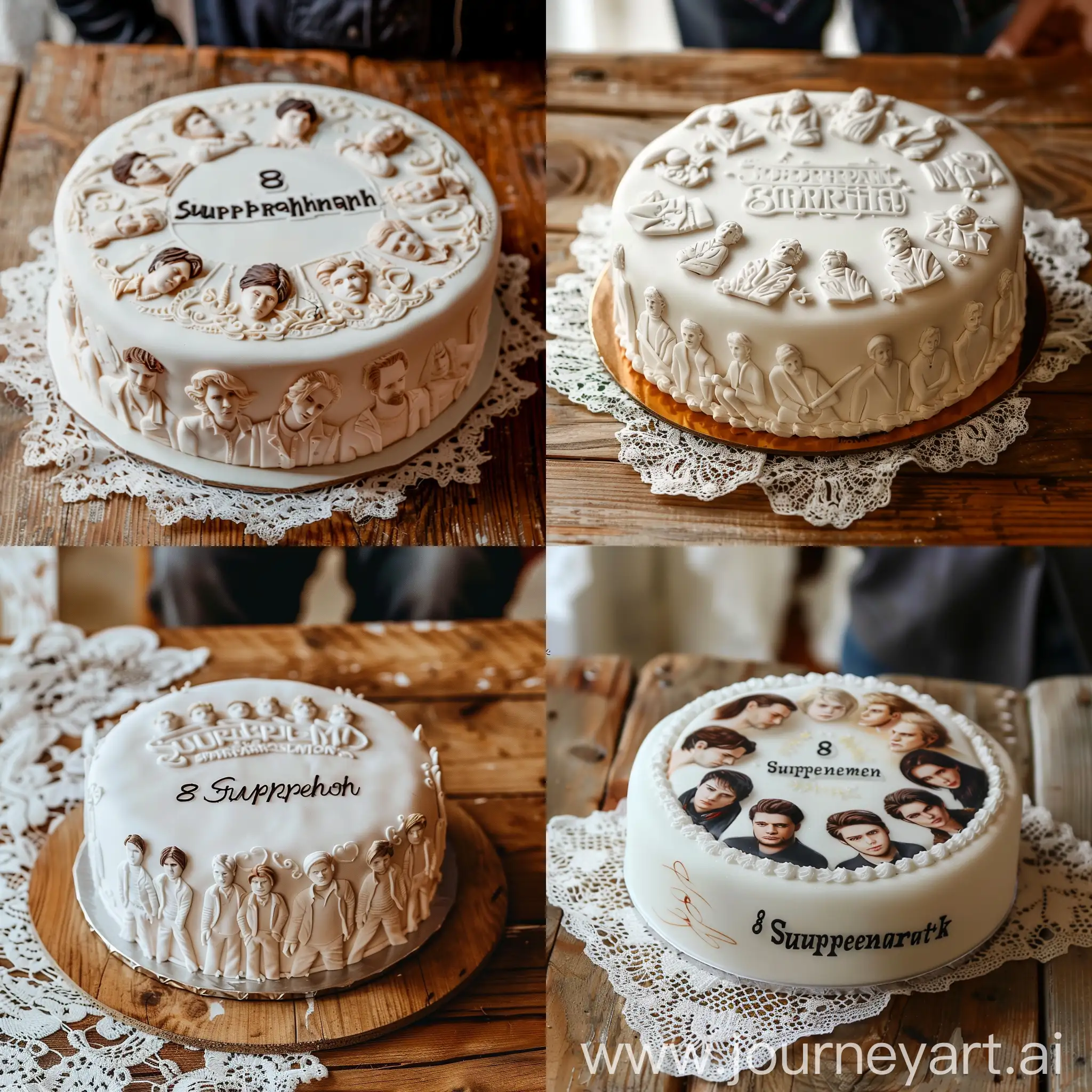 белый торт с изображением героев сериала "Сверъестественное" и надписью "8 марта", торт на деревянном столе, покрытом кружевной скатертью