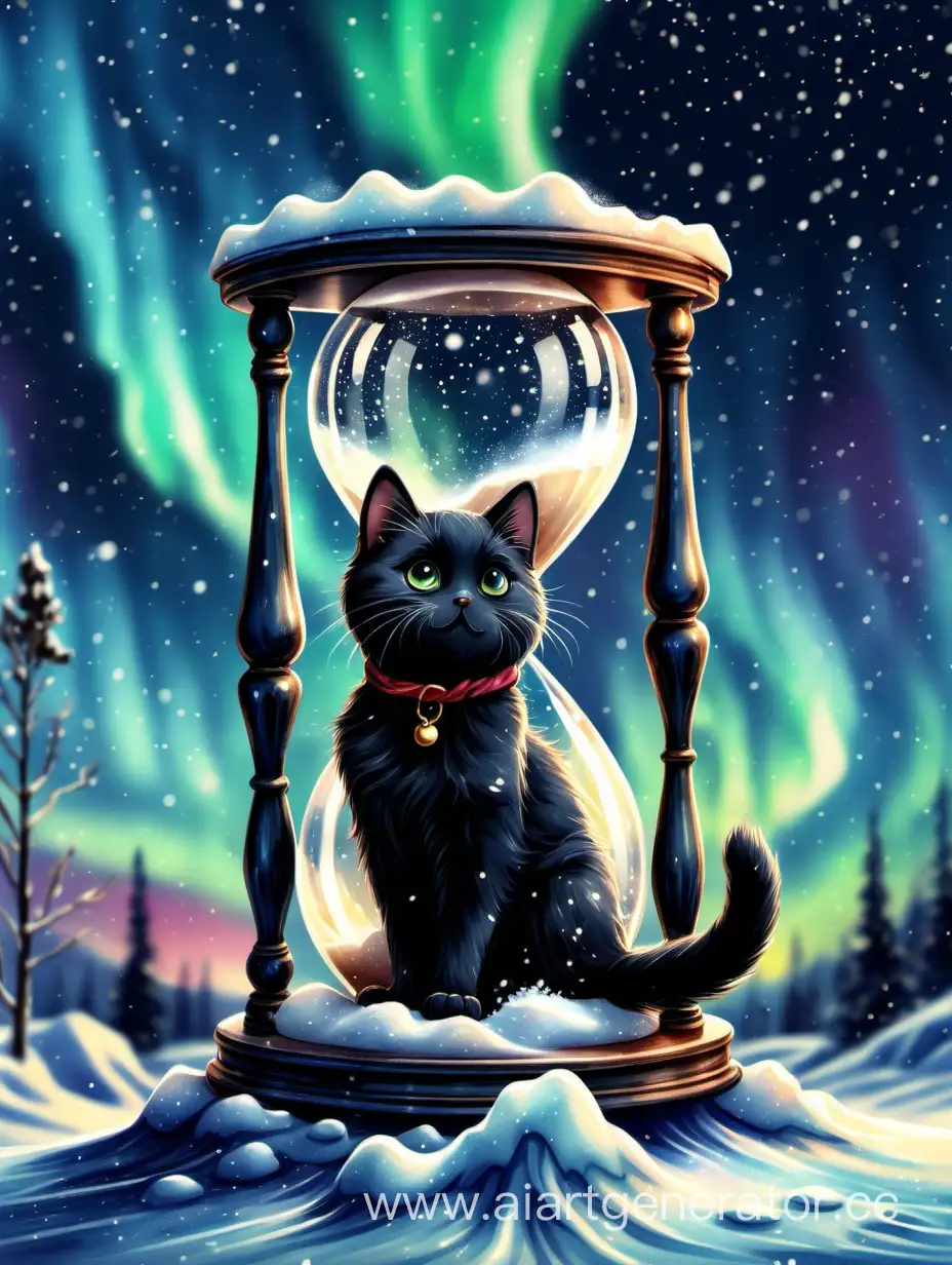 Enchanting-Scene-Miniature-Black-Cat-Capturing-Snow-in-Northern-Lights-Hourglass