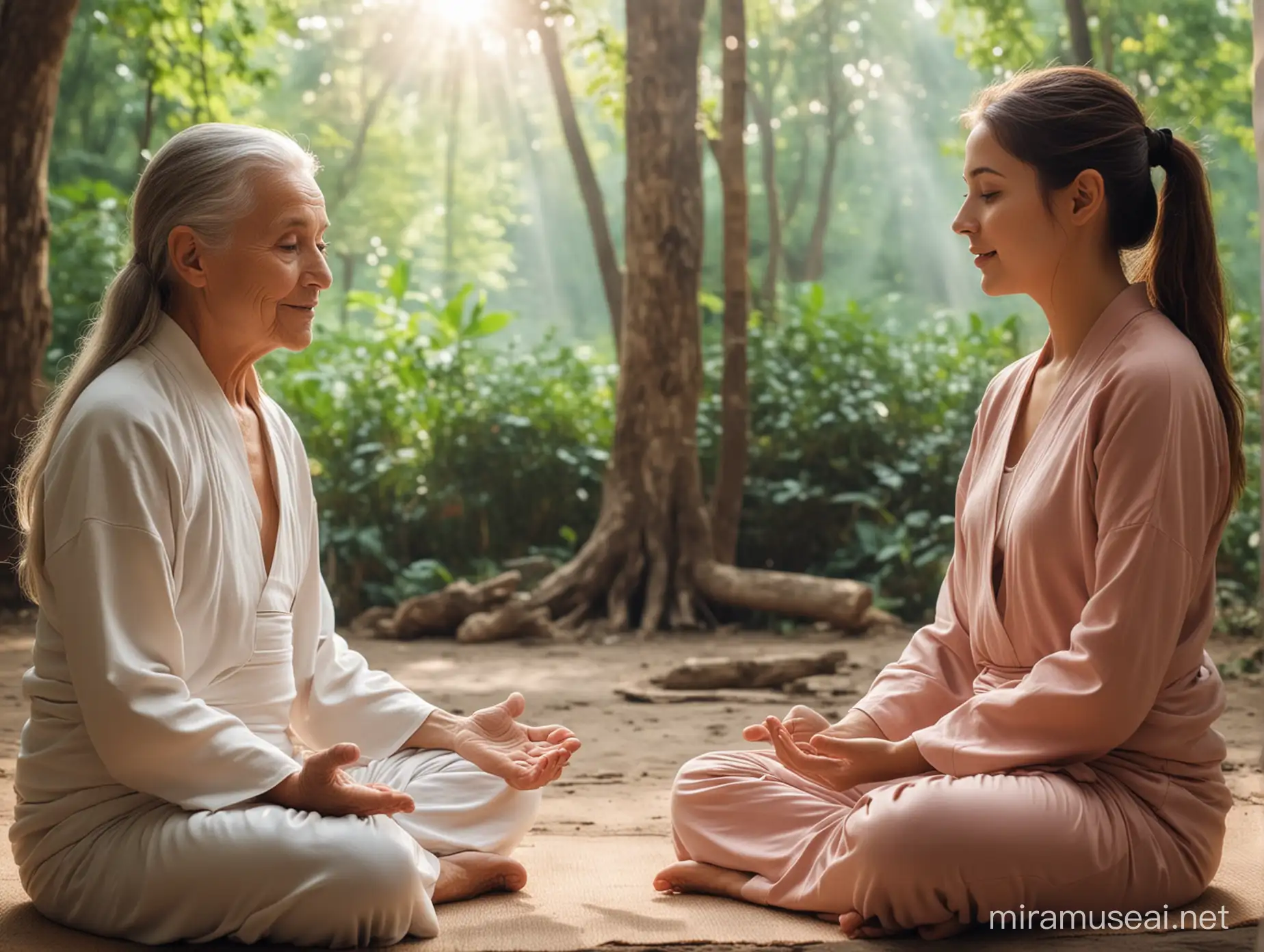 Serene Encounter Young Woman Conversing with Elderly Meditation Master in a Picturesque Setting