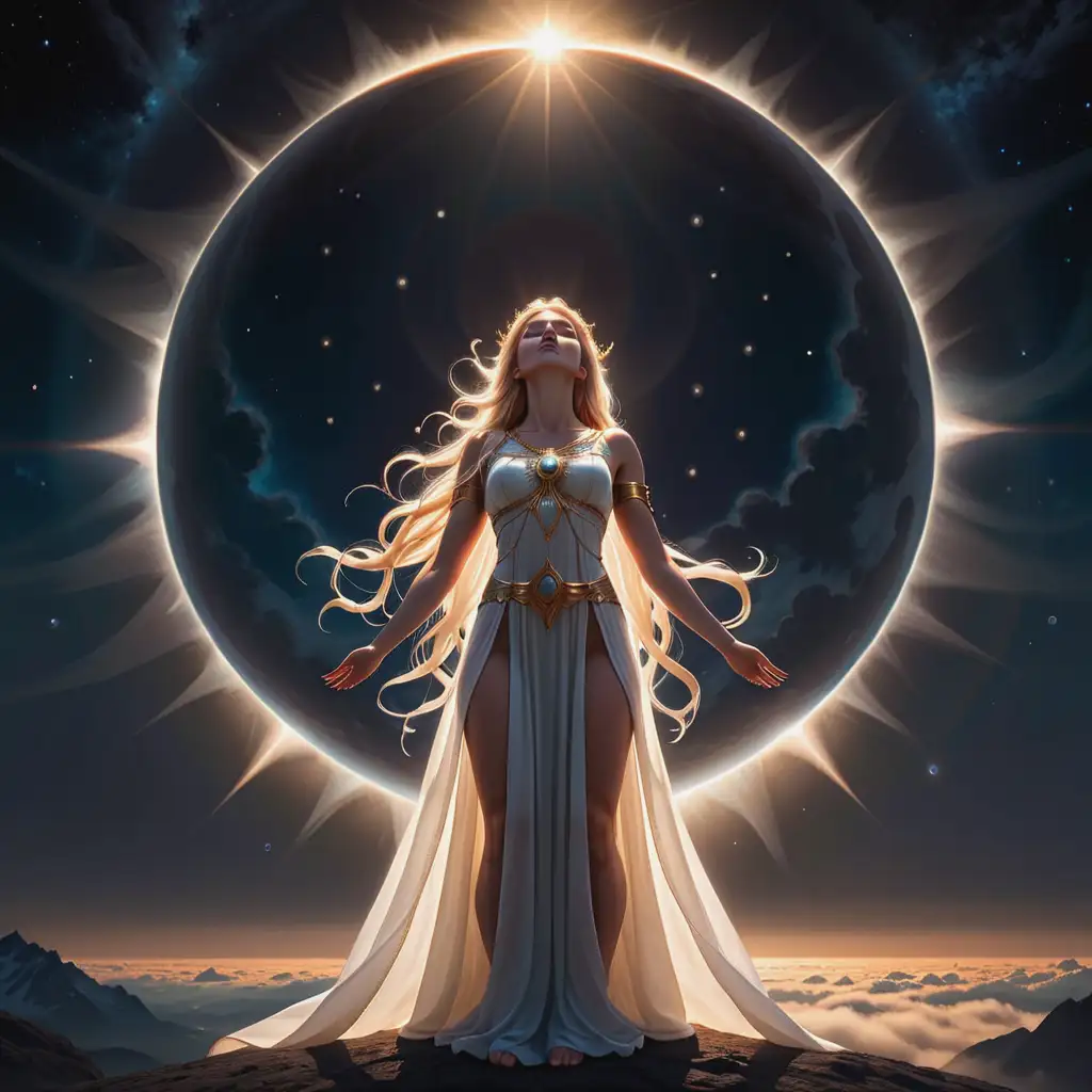 Standing majestically in the center of a full eclipse a beautiful Scandinavian godess stretches towards the heavens, her arms reach upwards and she is seiloeted against the sun's Corona,  darkness and stars fill the sky, her beauty and otherworldlyness exude mystery 