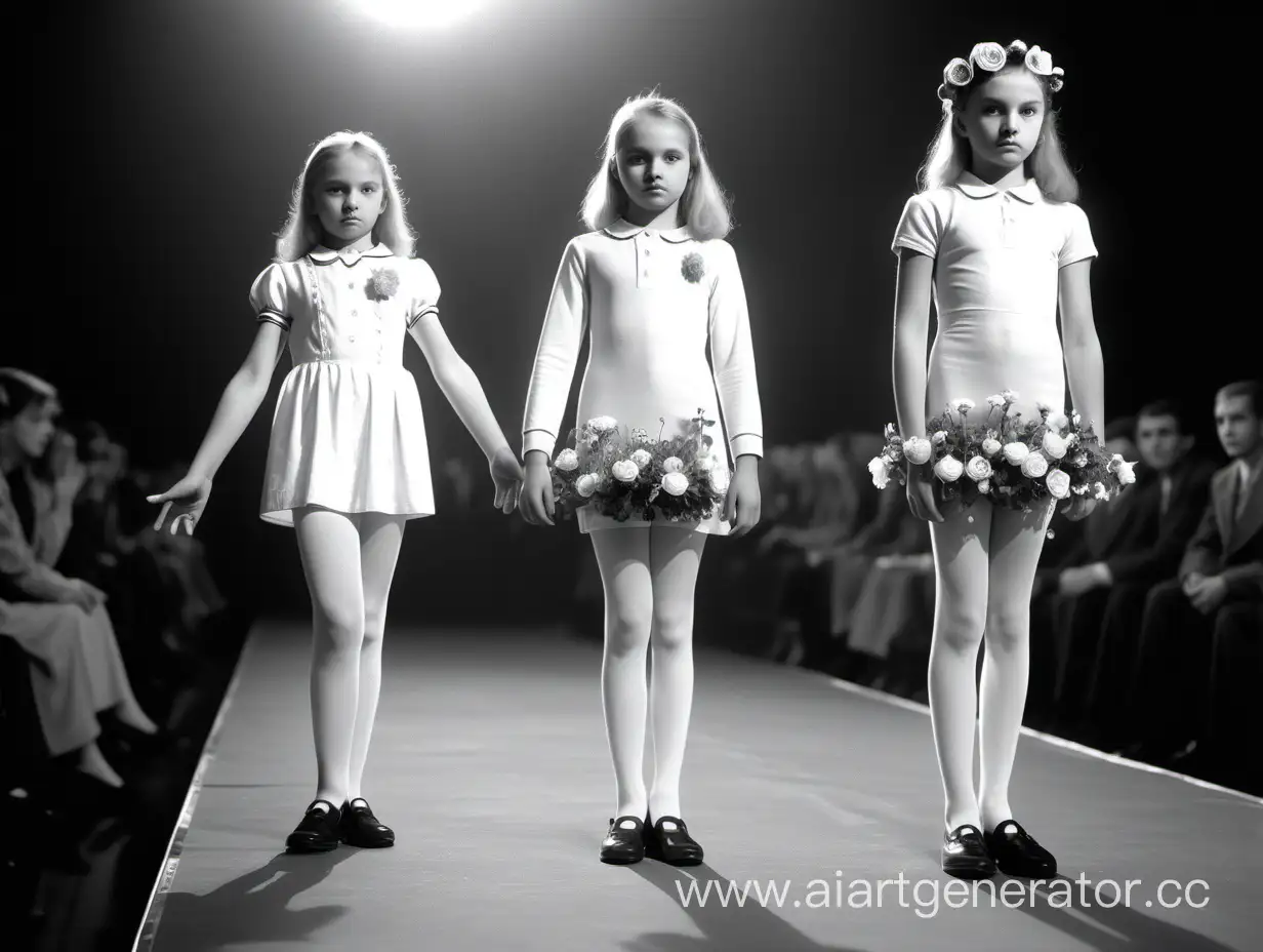 Советские девочки 12 лет рекламируют колготки с цветами на подиуме в полный рост под светом софитов