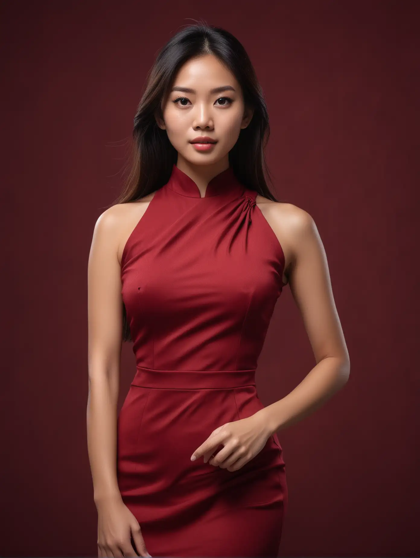 Elegant Vietnamese Woman in Dark Red Dress Against Monochromatic Background