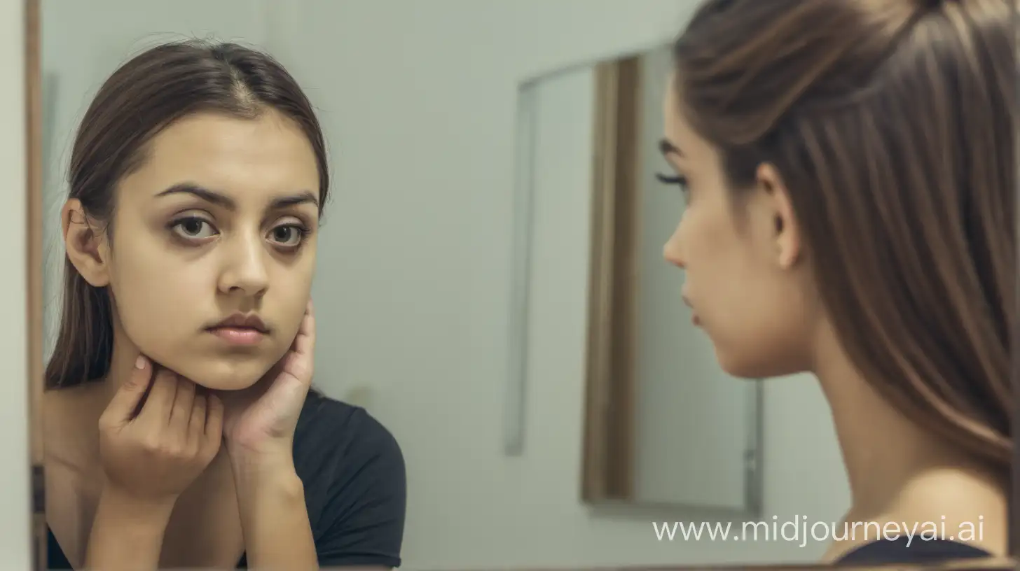 Focused Young Woman Examining Reflection in Mirror