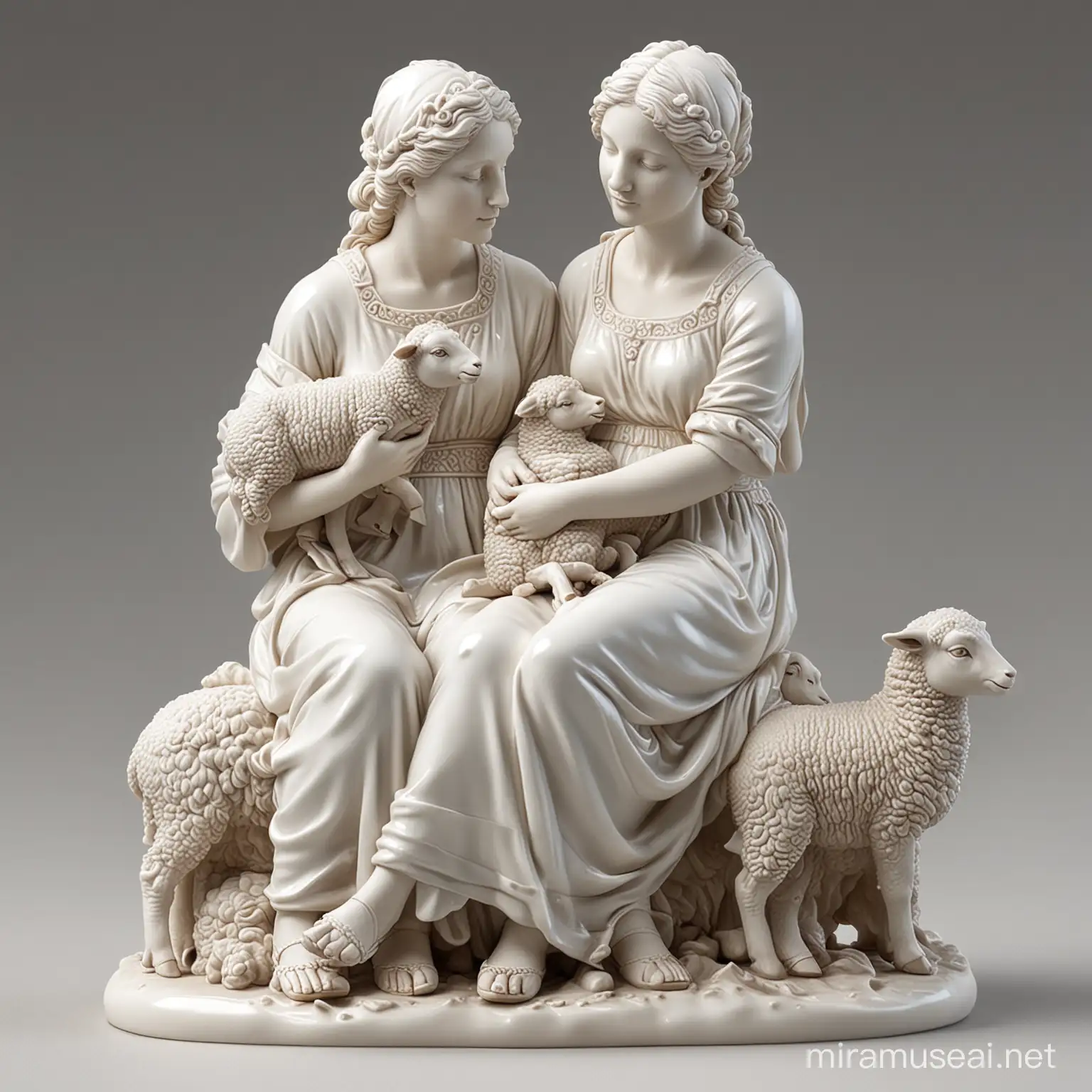 Glossy white porcelain figurine of two  sitting Roman womans holding a little sheep in her arms and   other sheeps  by their side