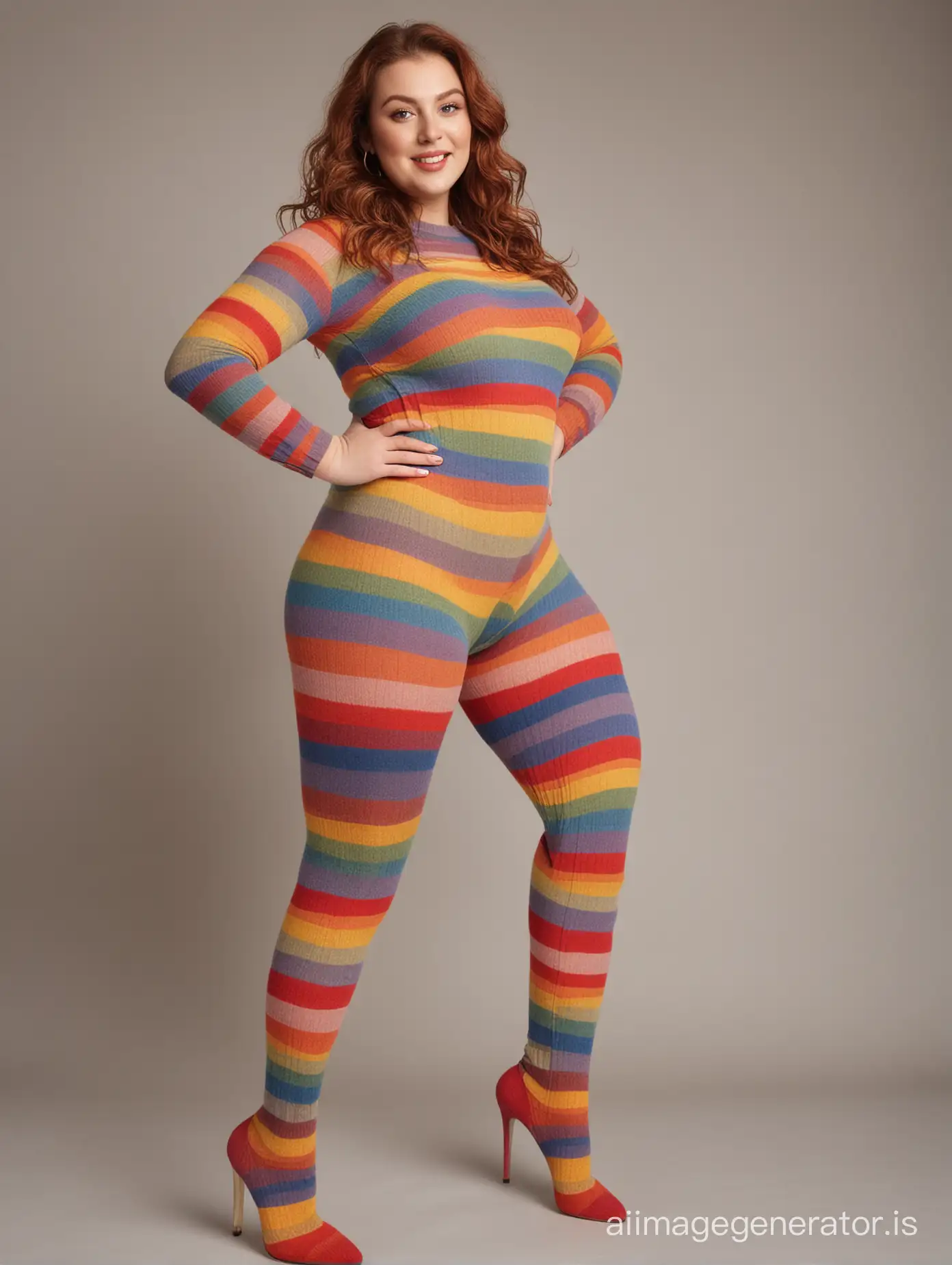 Curvy-Woman-Wearing-Colorful-Rainbow-Wool-Tights-and-High-Heels