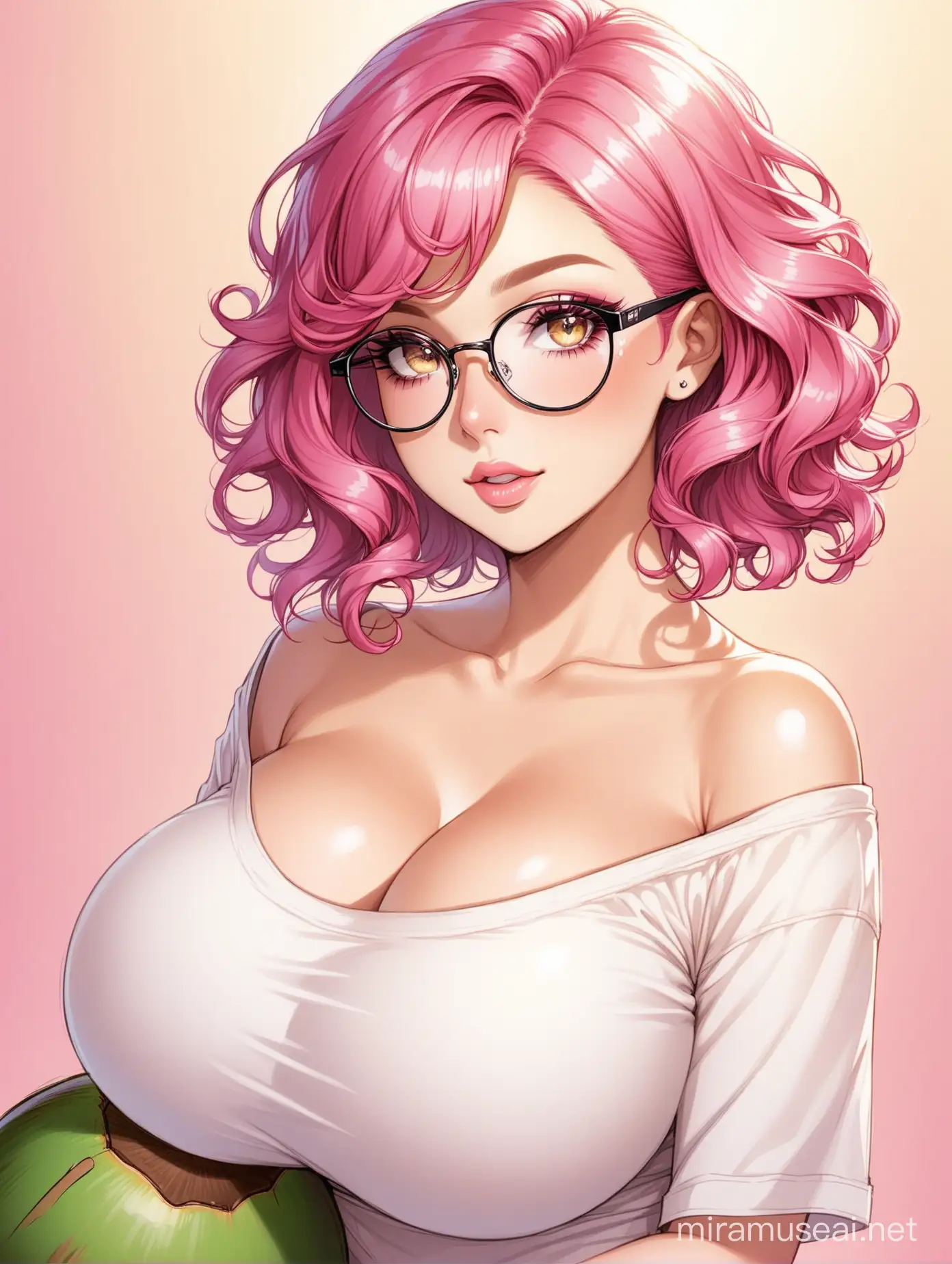 Short curly pink hair,glasses,gorgeous,wearing makeup,big breast,wearing a beautiful coconut top