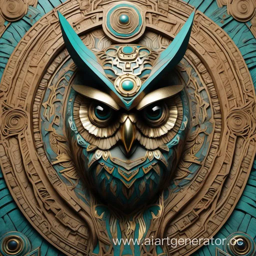 Symmetrical-OwlFaced-Guardian-Mask-in-BrownTurquoise-Palette-with-Gold-Accents
