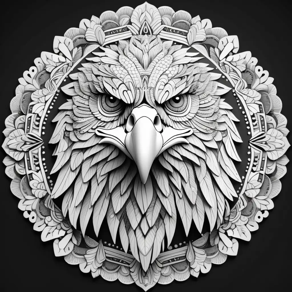 Coloring page with a eagle head in a full and intricate and very defined 3d pattern mandala on a black background