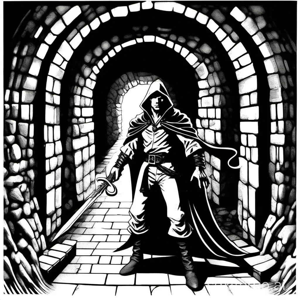 style of 1977 Dungeons and Dragons, by David Trampier, marker art, 1bit bw, white background, subject only, full body, a powerful fantasy warlock, wearing bell-bottom pants, in a dark tomb tunnel, dark and moody,