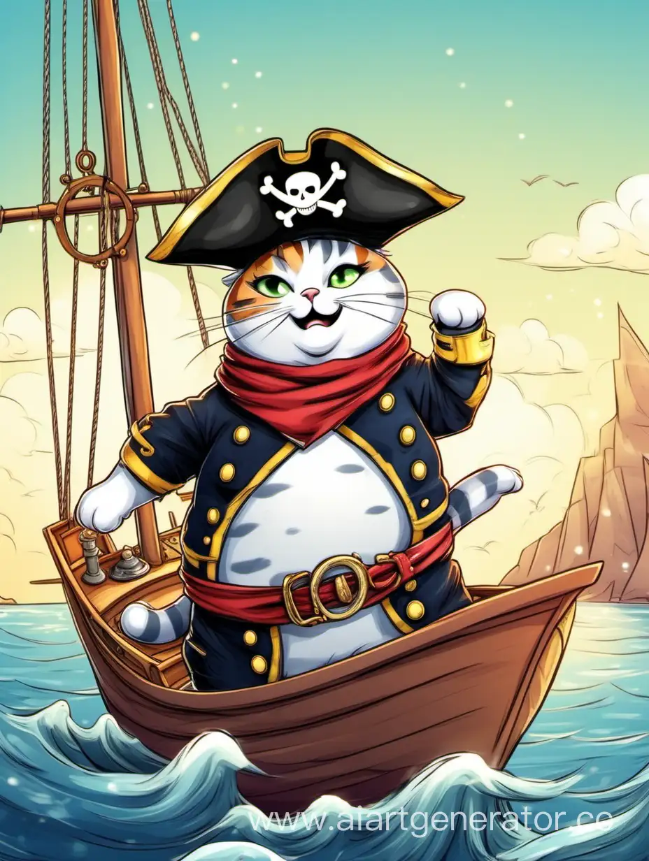 The chubby cheerful cat in a pirate costume is sailing on a small yacht