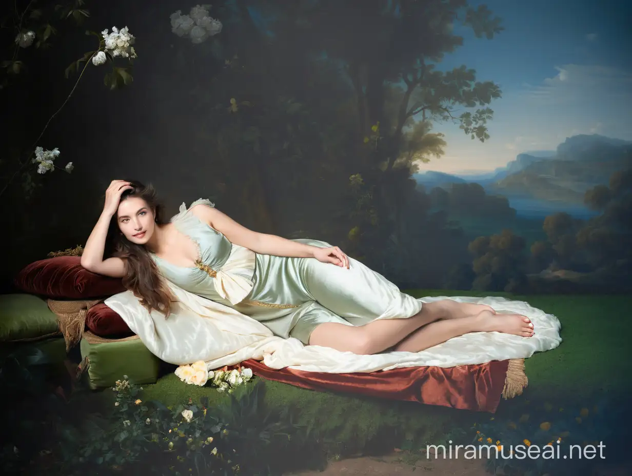 Photograph of a young stunningly beautiful woman, full body shot, show feet. Landscape background. In the style of Elisabeth Vigee Le Brun.
