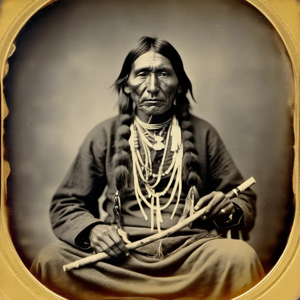Historical Daguerreotype Seated Pueblo Native American with Peace Pipe