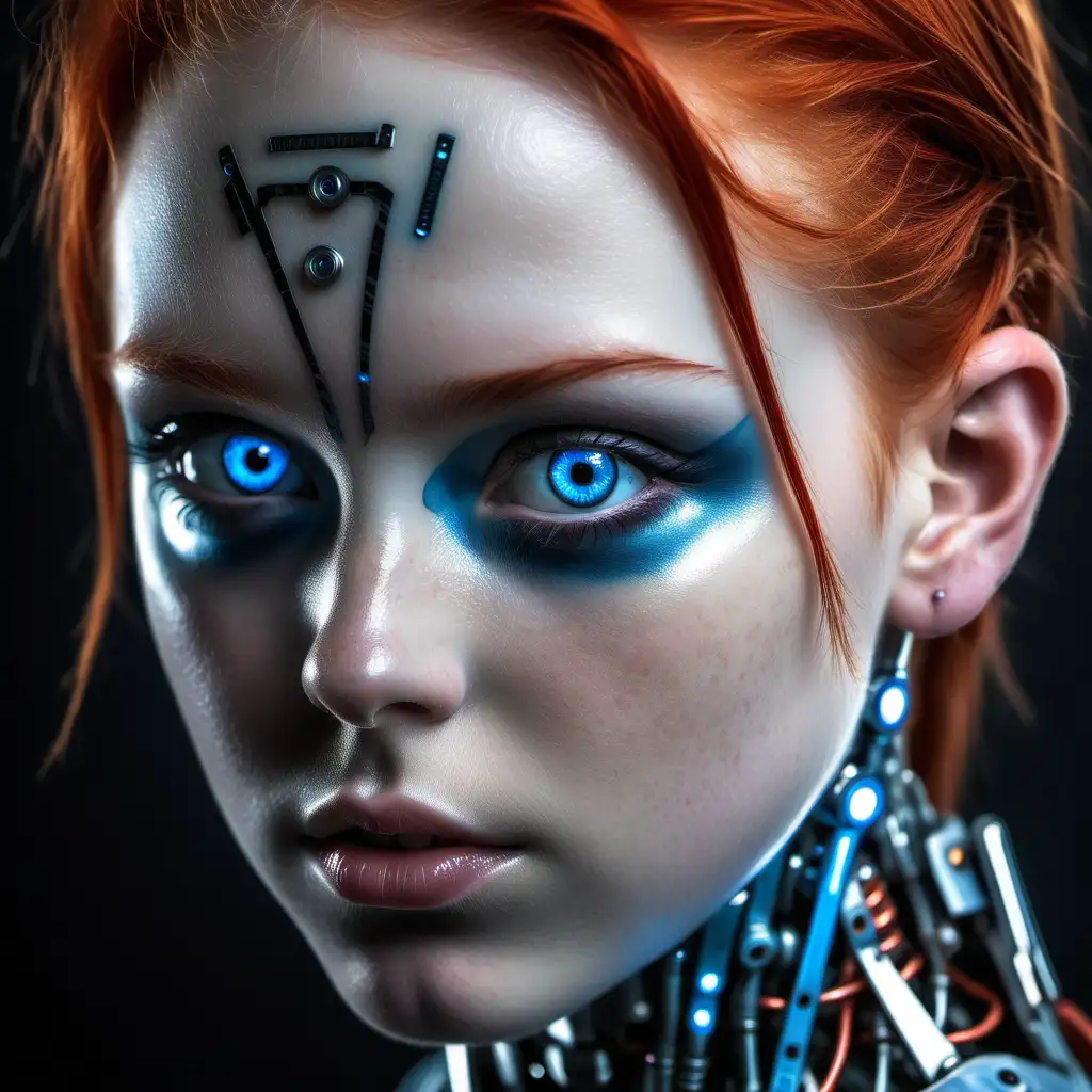 Young Redhead Cyborg with Piercing Blue Eyes