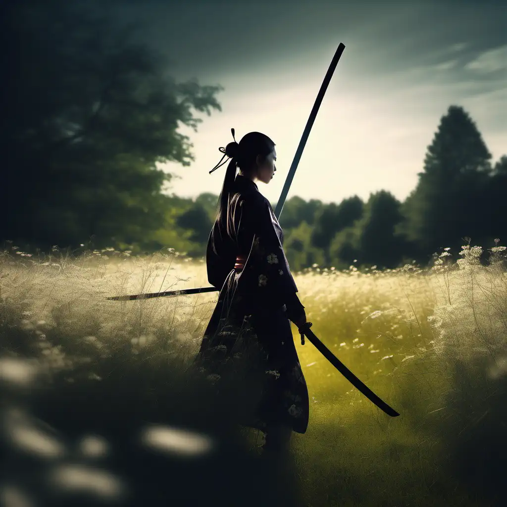 A composition that are psychologically charged, using light and shadow to add depth and drama, a summer meadow, summer flowers, contour of a beautiful female samurai, cinematic style 