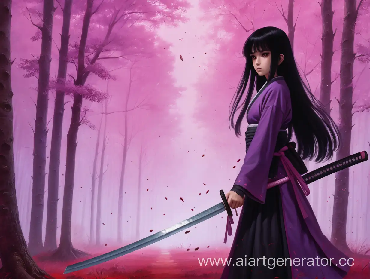 девушка с чёрными глазами, с длинными черными волосами, в фиолетовой одежде, с катаной в руке, на заднем фоне лес с розовыми деревьями   она стоит в крови 