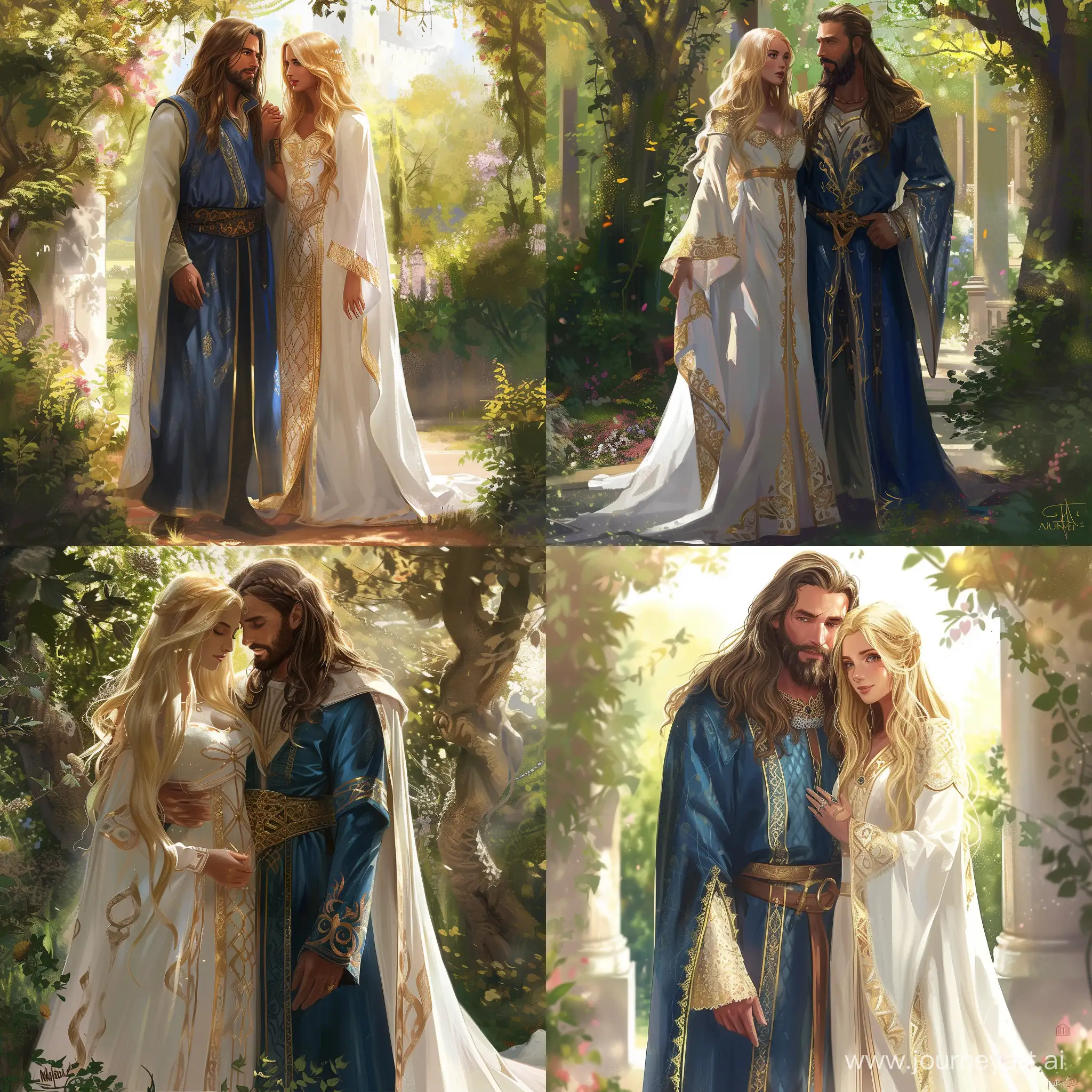 Draw art with a couple in love: a man with long brown hair and beard in a Numenor blue robe and a blonde beautiful girl in a white long robe with golden patterns, they are standing alone in the royal garden. All this is in the style of the game Crusader kings 3