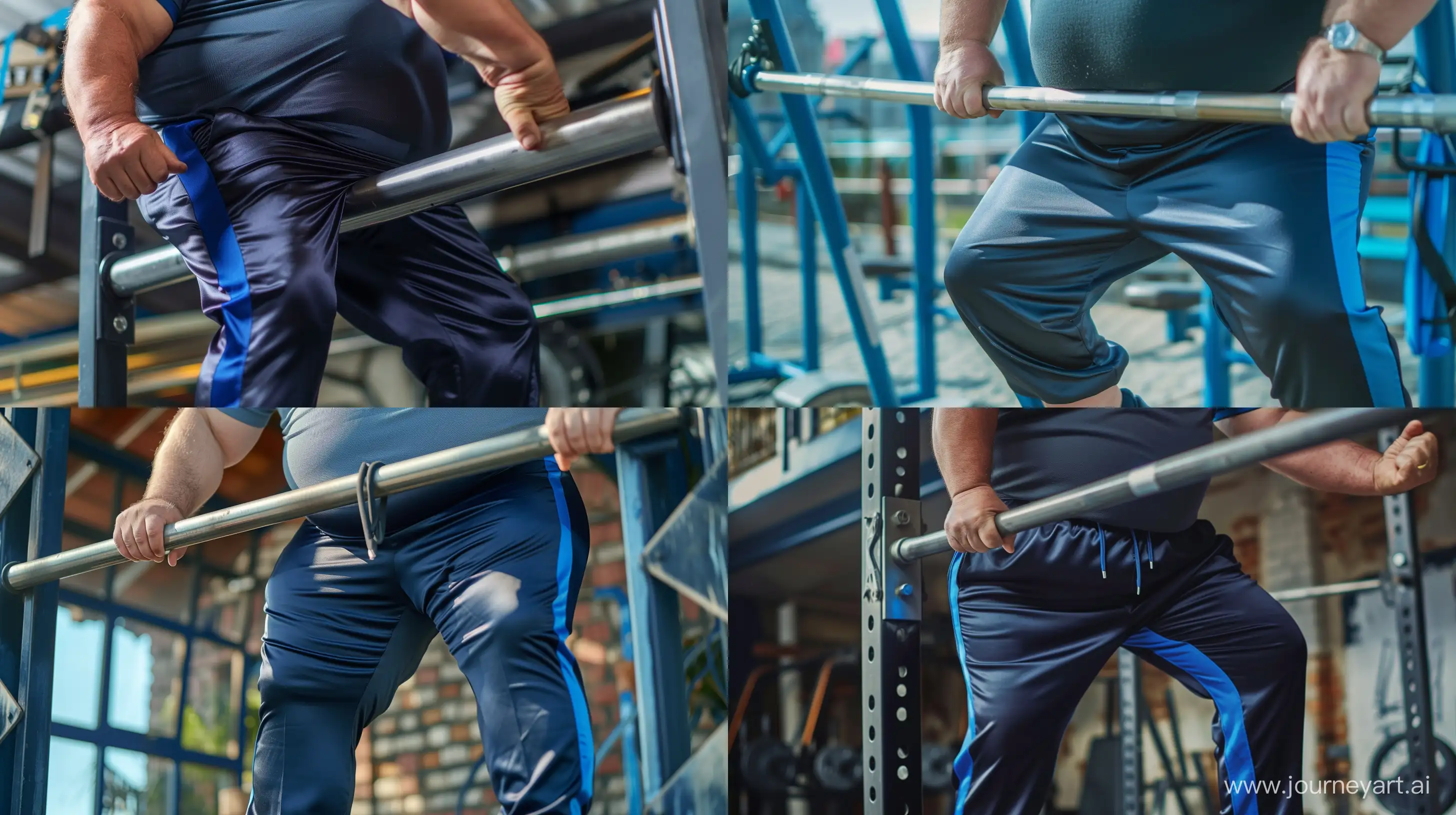 Front view close-up photo of a fat man aged 60 wearing silk navy tracksuit pants with royal blue stripe on the leg and a tucked sport polo shirt doing a  chin-ups exercise on a metal bar. --style raw --ar 16:9