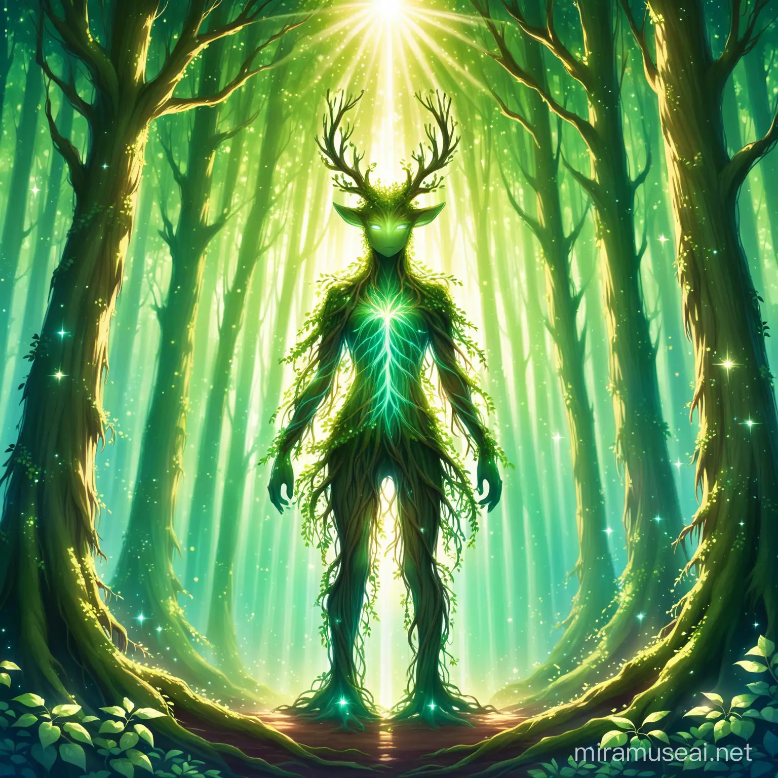 a forest spirit made of trees is standing in the middle of a forest, they have roots and branches all over them and roots for arms and legs. Their arm roots are connected to other forest tree spirits and there is magic sparkles and energy in the air. It is daytime with sunlight shining through the trees.