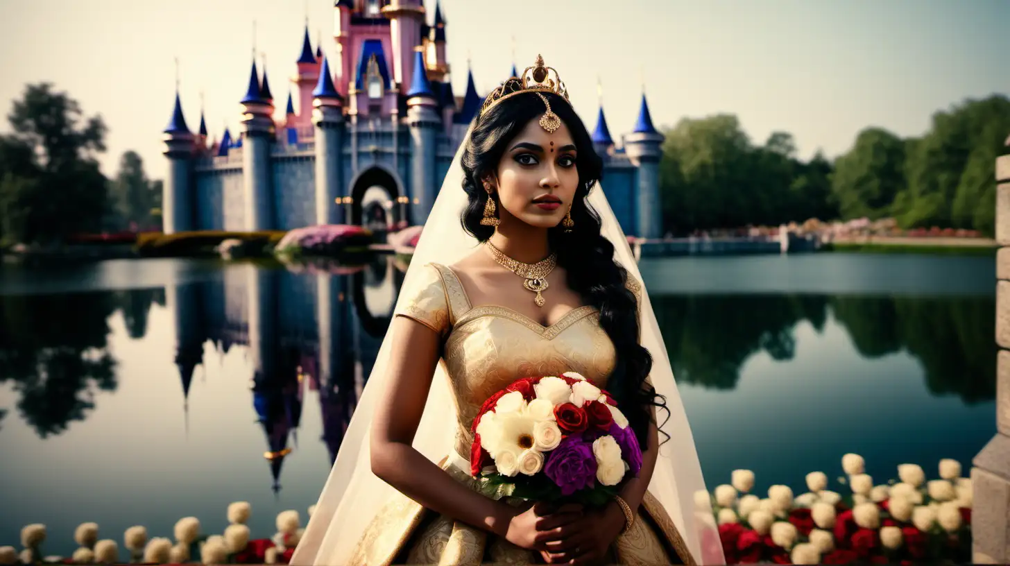 a cinematic scene, ultra realistic, film grain, IMAX 70mm film still, Extreme Long Shot, cinematic color grading, detailed faces, dramatic lighting, captured by Canon Cinema EOS, flowers in front of disney castle and lake, beautiful black hair bengali princess, wedding with prince --v 5 --style raw