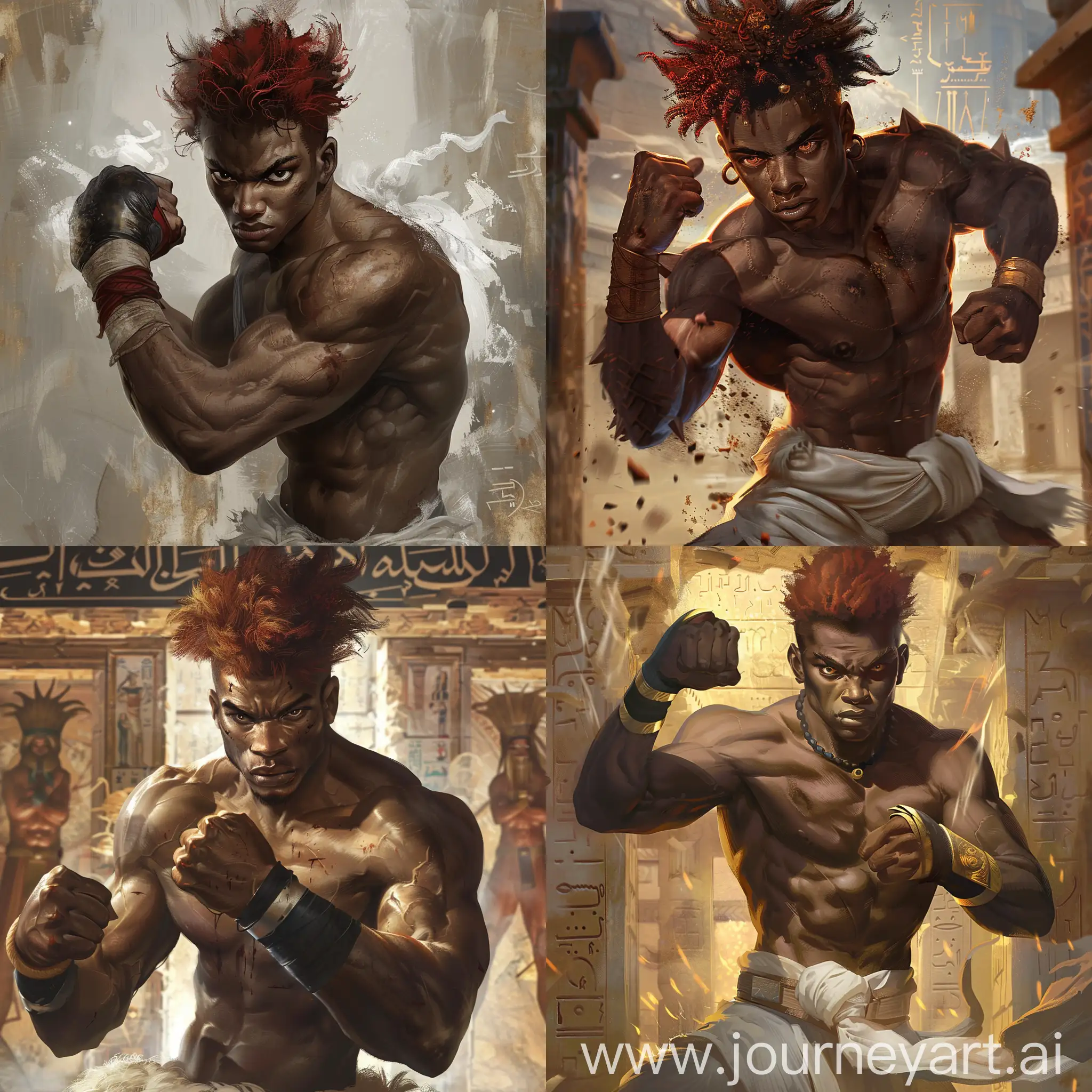 skinny handsome black male, penetrating eyes, red hair, fluffy hair, punching pose, dynamic, various different emotions, ancient near east background setting