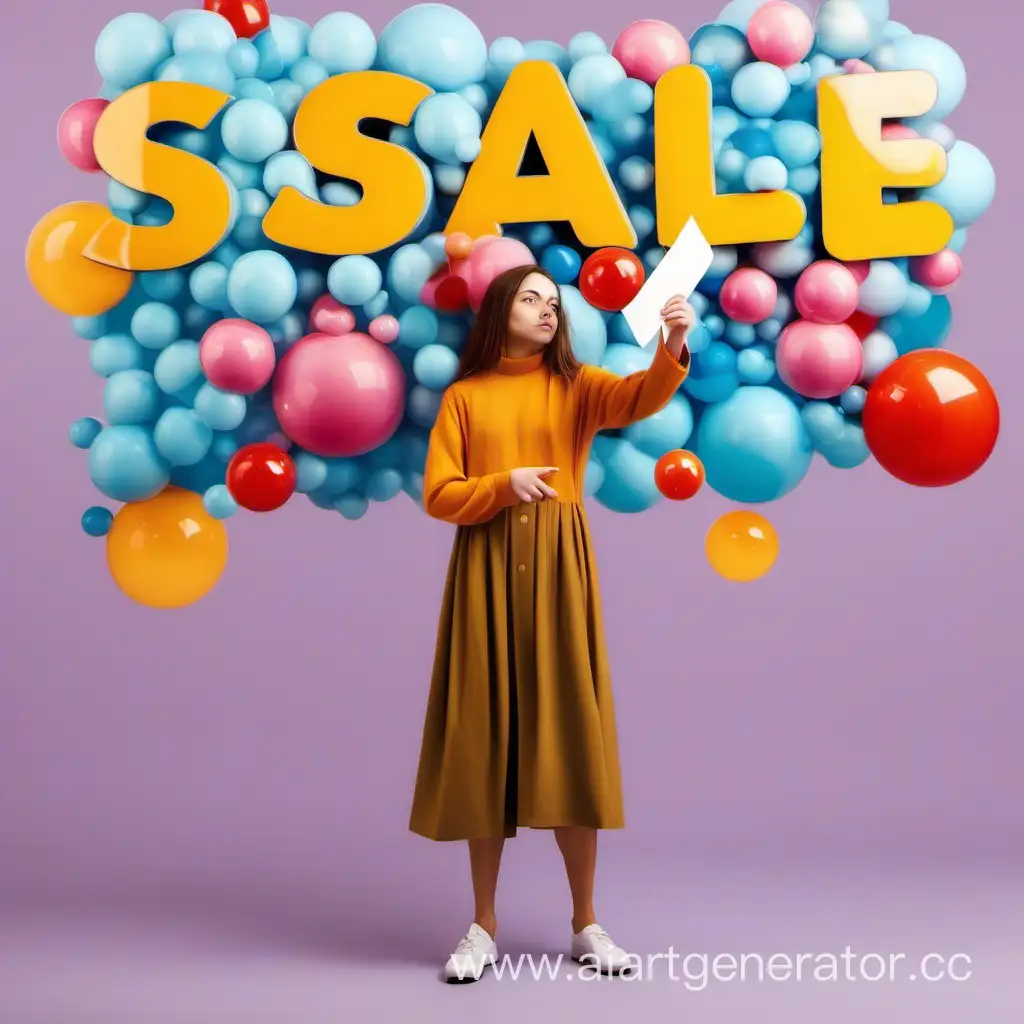 девушка стоит на фоне разноцветных пузырьков и держит табличку с надписью sale