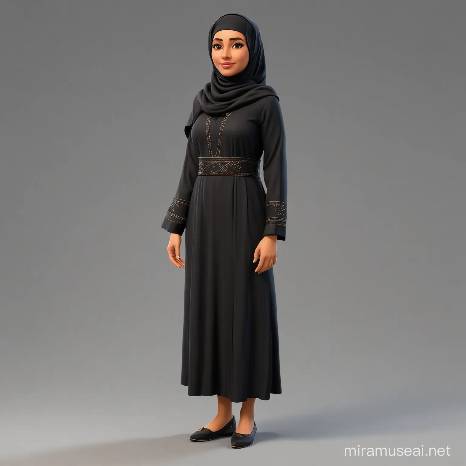 Create a female 3D cartoon avatar of a UAE women in black local attire wearing abhaya with plain background full length, from head to toe.

