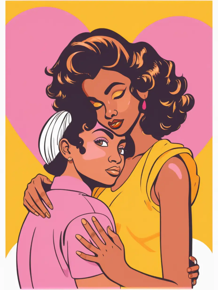 Selv love poster for Valentines day, vintage, retro, sterke farger, brown people, popkunst-inspirert stil , yellow, pink, orange, instinctual design, white background


