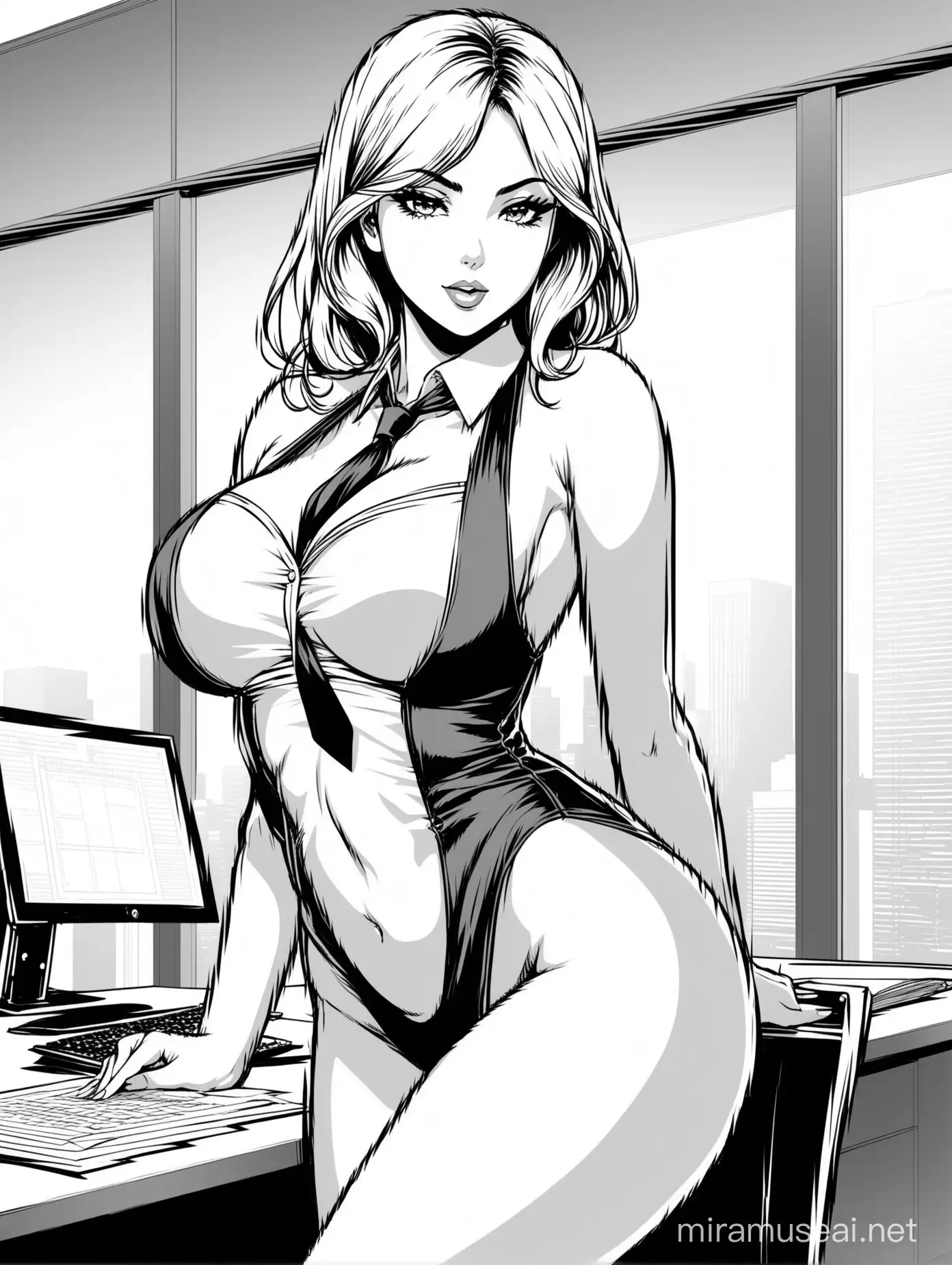 black and white coloring page of a Seductive secretary in the office, wearing a revealing outfit in a sexy pose, smooth curves
